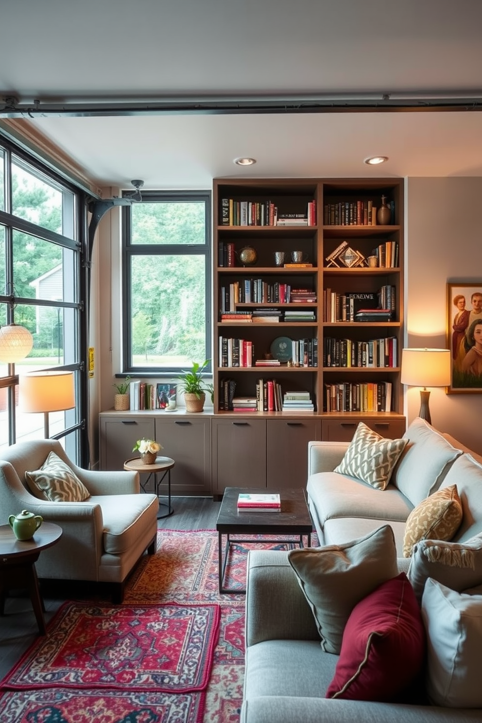 Cozy reading nook with built-in shelves. A comfortable armchair is positioned next to a large window, with a small side table holding a steaming cup of tea. The built-in shelves are filled with an array of books and decorative items, creating an inviting atmosphere. Soft, warm lighting from a nearby lamp enhances the cozy feel of the space. Garage living room design ideas. The garage is transformed into a stylish living area with plush sofas and a coffee table at the center. Large windows allow natural light to flood the space, while colorful rugs and artwork add personality and warmth to the industrial setting.