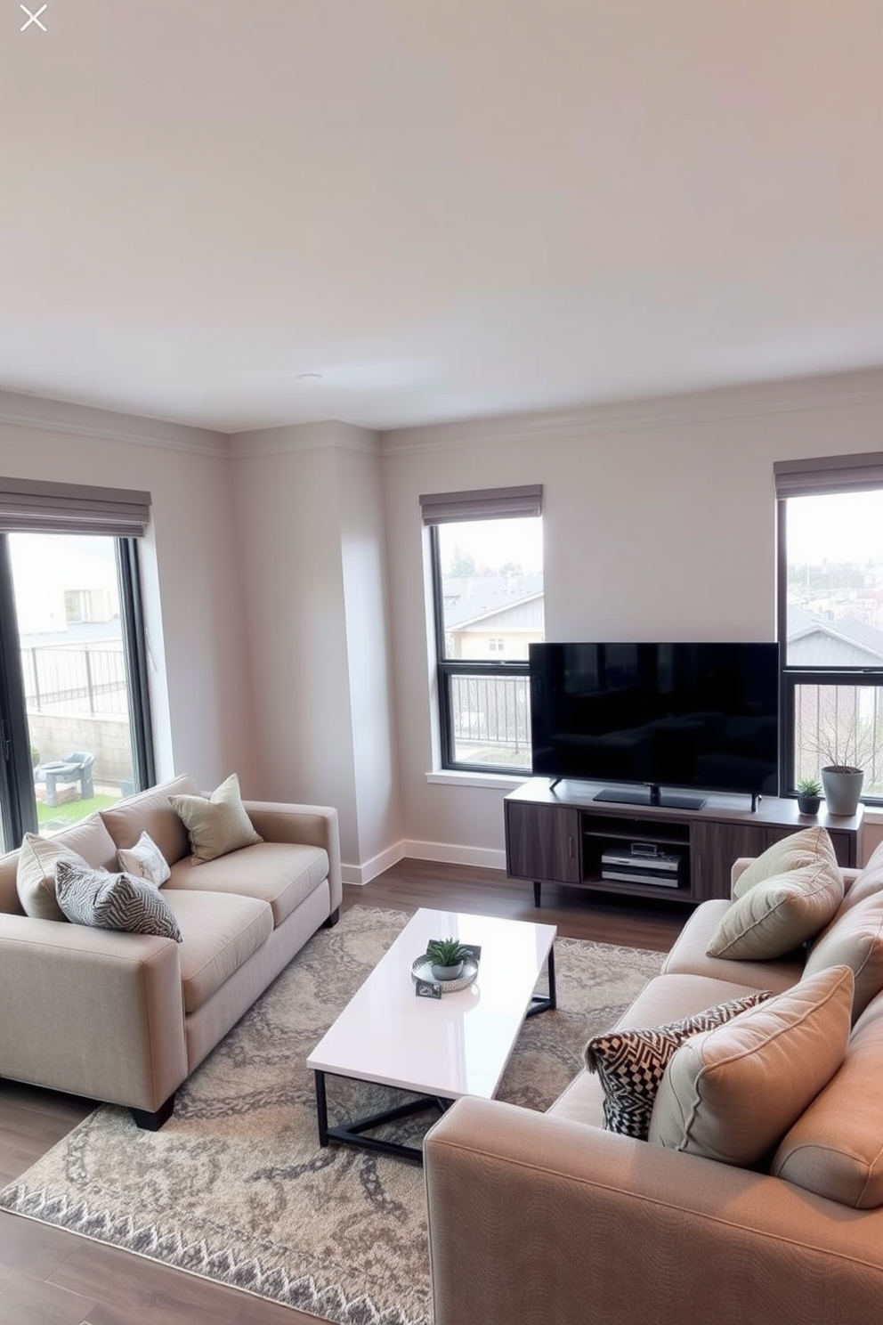 A modern living room featuring a wall-mounted TV as the focal point. The space includes a comfortable sectional sofa in a neutral tone, complemented by a sleek coffee table and decorative throw pillows. To the side of the sofa, a stylish media console houses additional entertainment equipment. Large windows allow natural light to flood the room, enhancing the warm color palette of soft grays and earthy tones.