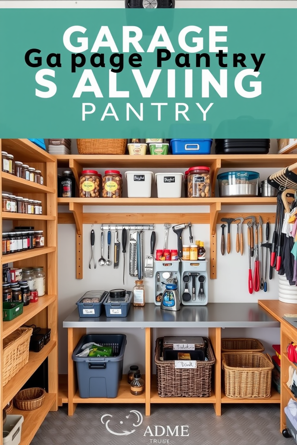 Open shelving design for a garage pantry creates a functional and organized space. Use sturdy wooden shelves to display jars, containers, and tools while maintaining easy access to frequently used items. Incorporate labeled bins and baskets for a clean and tidy appearance. Consider adding a small work surface for meal prep or project organization, enhancing the usability of the garage pantry.