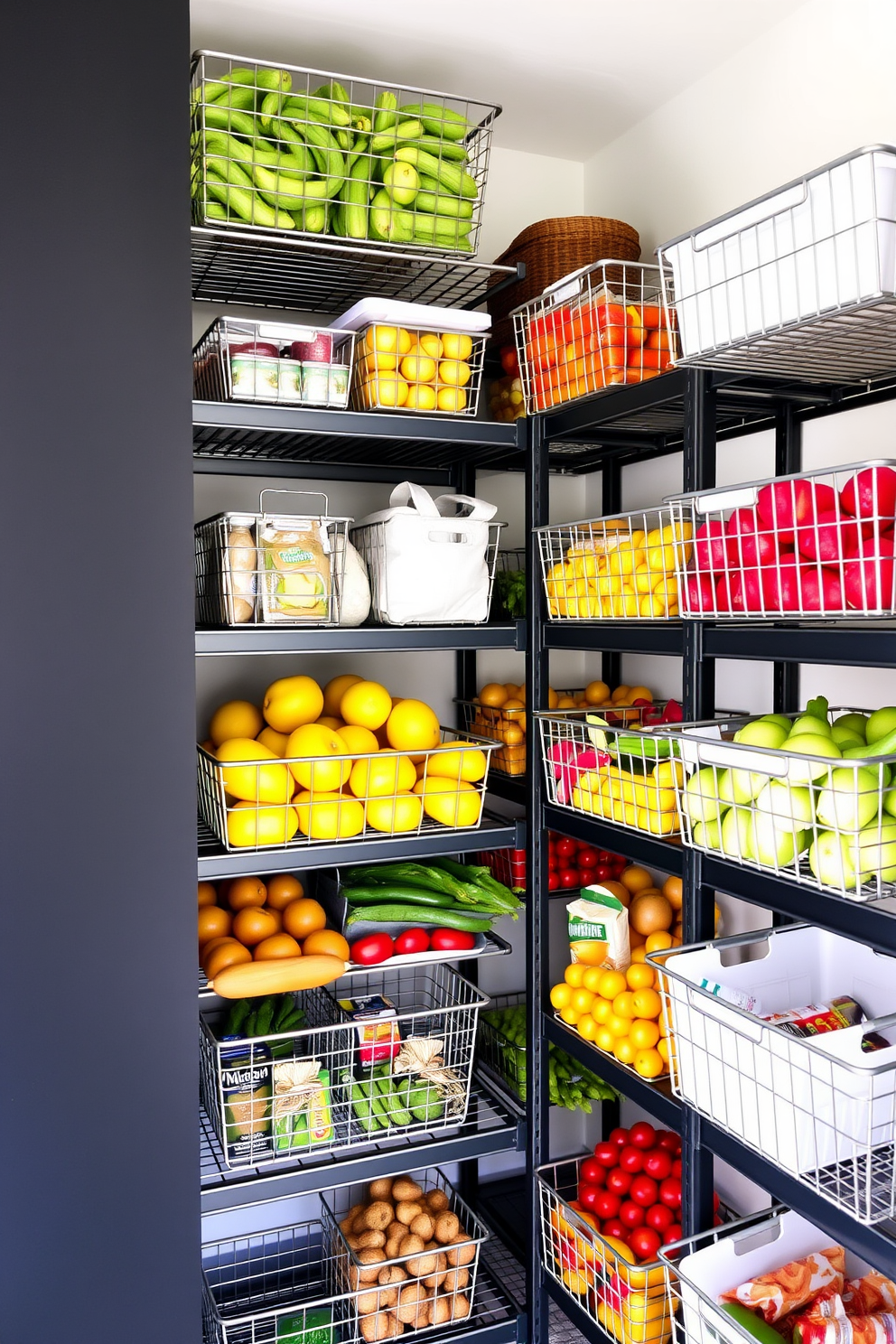 A functional garage pantry designed for efficient food storage. Wire baskets are utilized to create breathable storage for fruits and vegetables, enhancing freshness and accessibility. The walls are painted in a light neutral tone to brighten the space. Shelving units are arranged for optimal organization, with wire baskets neatly stacked for easy retrieval.