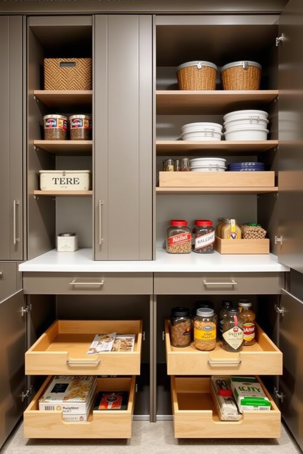 A stylish garage pantry with pull-out drawers designed for easy access to hidden pantry items. The cabinetry features a sleek finish with a mix of open shelving and closed compartments, maximizing space and organization.