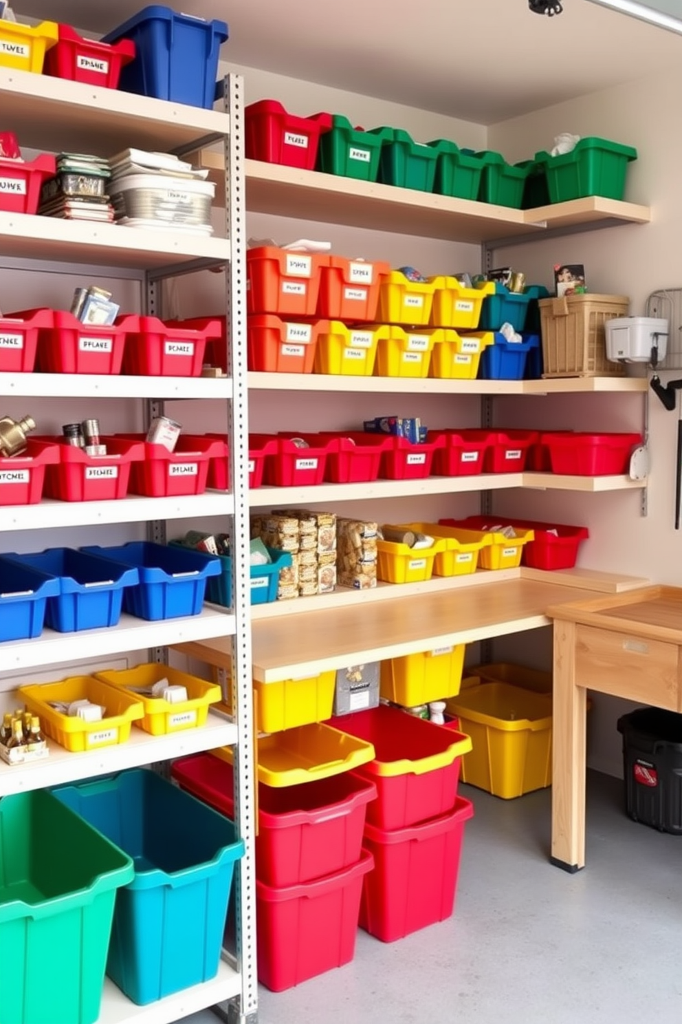 A vibrant garage pantry featuring color-coded bins arranged on open shelving. Each bin is labeled for easy organization, with bold colors like red, blue, and yellow creating a playful yet functional atmosphere. The walls are painted in a light, neutral tone to enhance the brightness of the space. A sturdy workbench is positioned against one wall, providing additional storage and workspace for DIY projects.