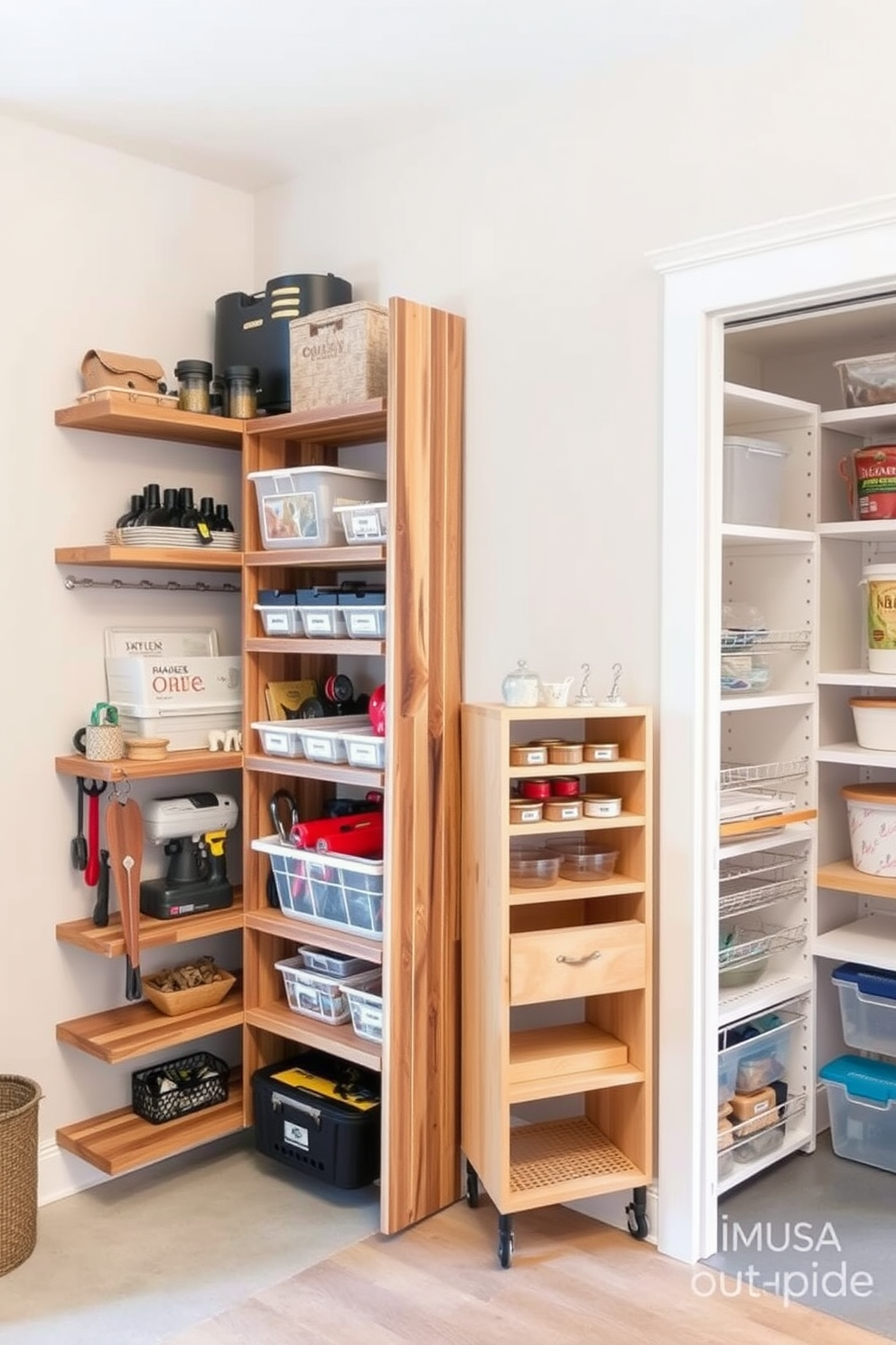 A corner shelving unit designed for maximizing unused spaces. The shelves are made of reclaimed wood, featuring a rustic finish that complements the surrounding decor. In the garage, a combination of open and closed shelving provides ample storage for tools and equipment. The design includes labeled bins and hooks for easy organization and access. For the pantry, a sleek design incorporates pull-out shelves and clear containers for visibility. The color scheme is a soft white with natural wood accents, creating an inviting and functional space.