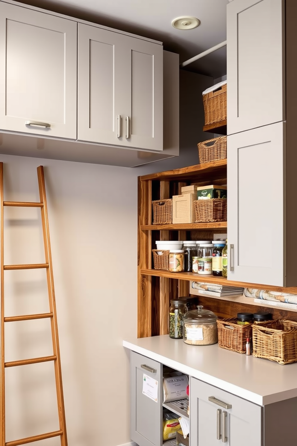 Overhead storage for seasonal items in a garage features sleek cabinetry painted in a soft gray tone. The shelves are organized with clear bins labeled for easy access, and a stylish ladder leans against the wall for reaching higher storage. The pantry design includes open shelving made of reclaimed wood, creating a warm and inviting atmosphere. A combination of glass jars and wicker baskets neatly display dry goods, while a small countertop area offers space for meal prep and organization.