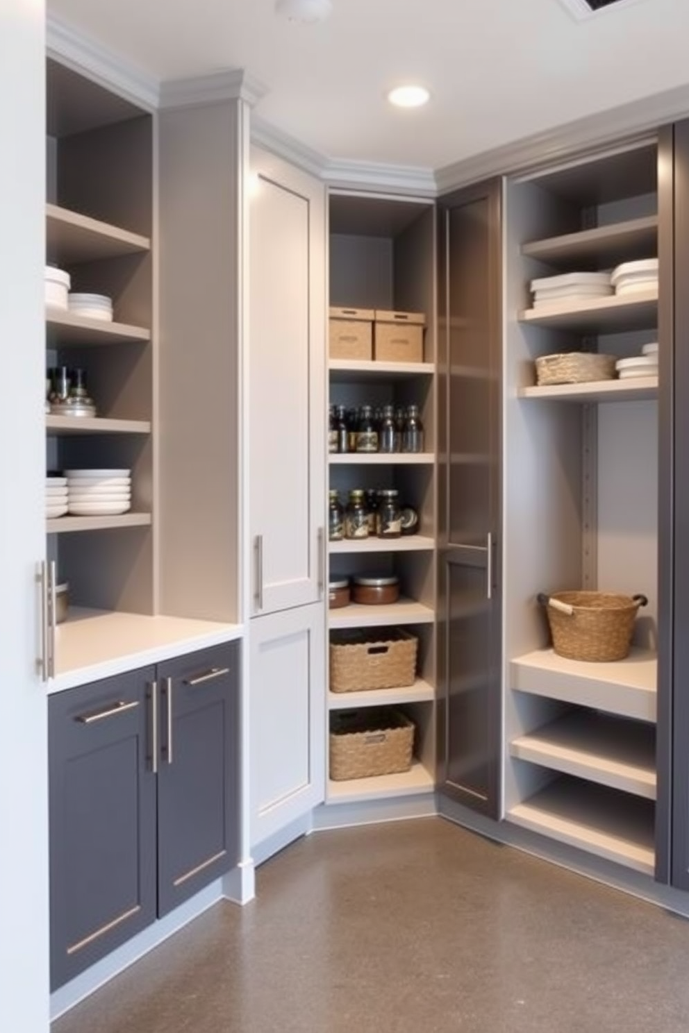 A sleek garage pantry features built-in cabinetry that blends effortlessly with the surrounding walls creating a seamless look. The cabinetry is designed with a mix of open and closed storage, providing both accessibility and a clean aesthetic.