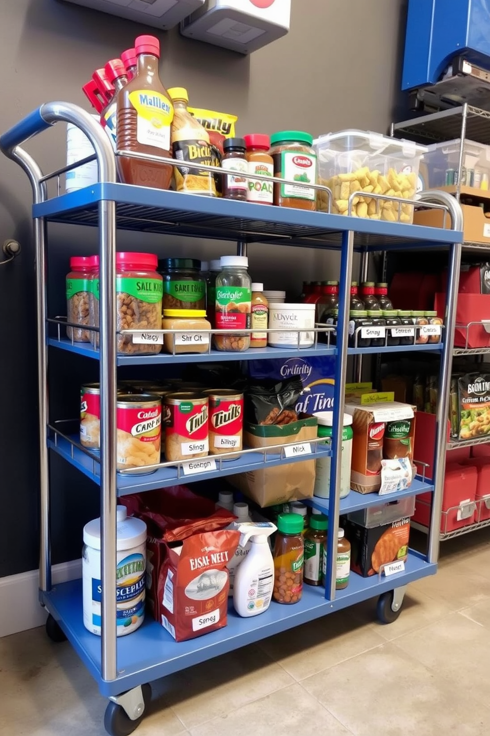 A rolling cart designed for a garage pantry features multiple shelves with a sleek metal frame. The cart is painted in a vibrant color, making it a stylish yet functional addition to the space. The top shelf holds frequently used items like spices and snacks, while the lower shelves store bulk goods and kitchen supplies. Each shelf is labeled for easy identification, ensuring an organized and efficient pantry setup.