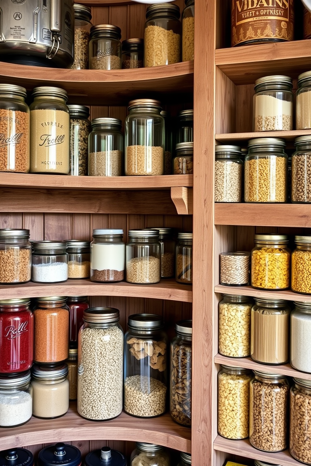 A charming garage pantry with a vintage aesthetic showcases an array of glass jars filled with colorful dry goods. The wooden shelves are rustic and weathered, adding character to the space, while soft lighting highlights the jars' contents.