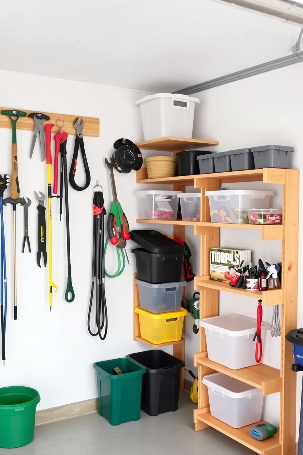 A functional garage pantry with hanging hooks for easy access to tools. The walls are painted in a bright white, and sturdy wooden shelves are installed to hold various storage bins and containers.