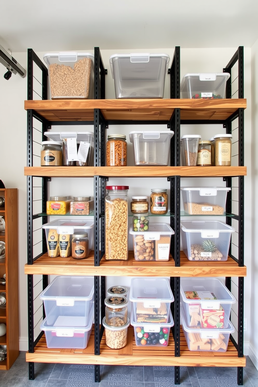 A multi-tiered shelving unit creates an eye-catching focal point in the garage pantry. The shelves are made of reclaimed wood and metal brackets, providing a rustic yet modern look. The design incorporates varying heights to maximize storage and display options. Clear storage bins and labeled jars are arranged on the shelves for easy access and organization.