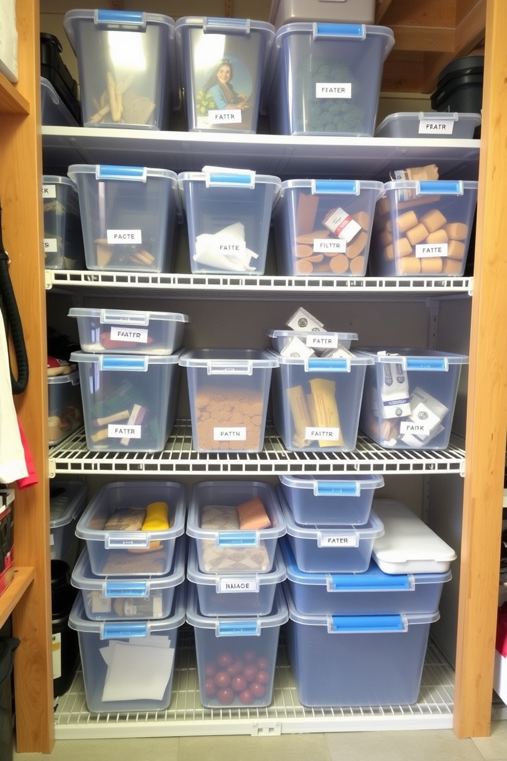 A well-organized garage pantry features clear bins neatly arranged on sturdy shelves. Each bin is labeled for easy access, creating a functional and visually appealing storage solution.