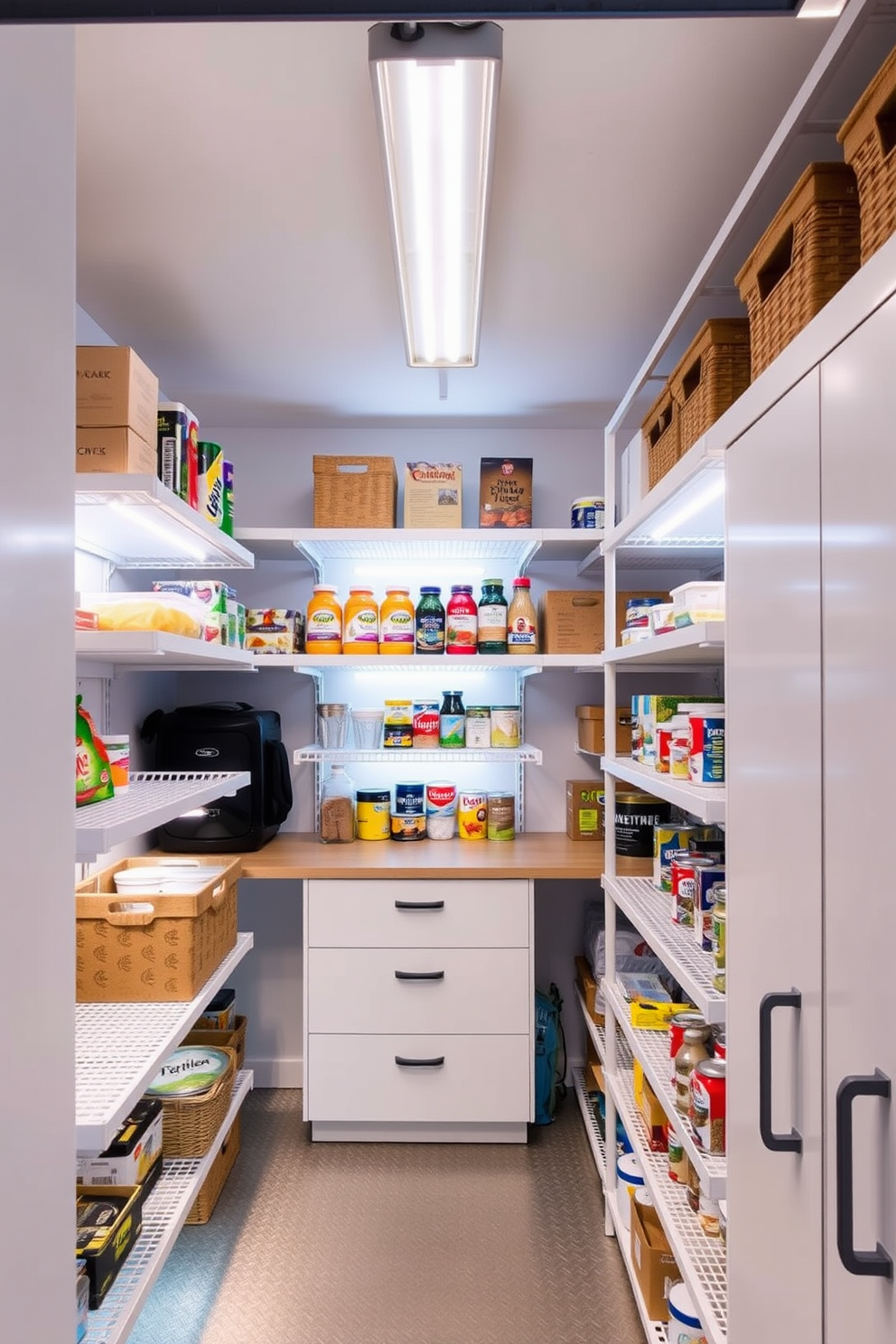 A garage pantry designed with integrated lighting features ample shelving for storage and organization. The space includes bright LED lights installed under the shelves to illuminate the pantry items, enhancing visibility and accessibility. The walls are painted in a light, neutral color to create a bright and airy feel. A combination of open and closed storage solutions allows for a tidy and functional layout, making it easy to find essentials.