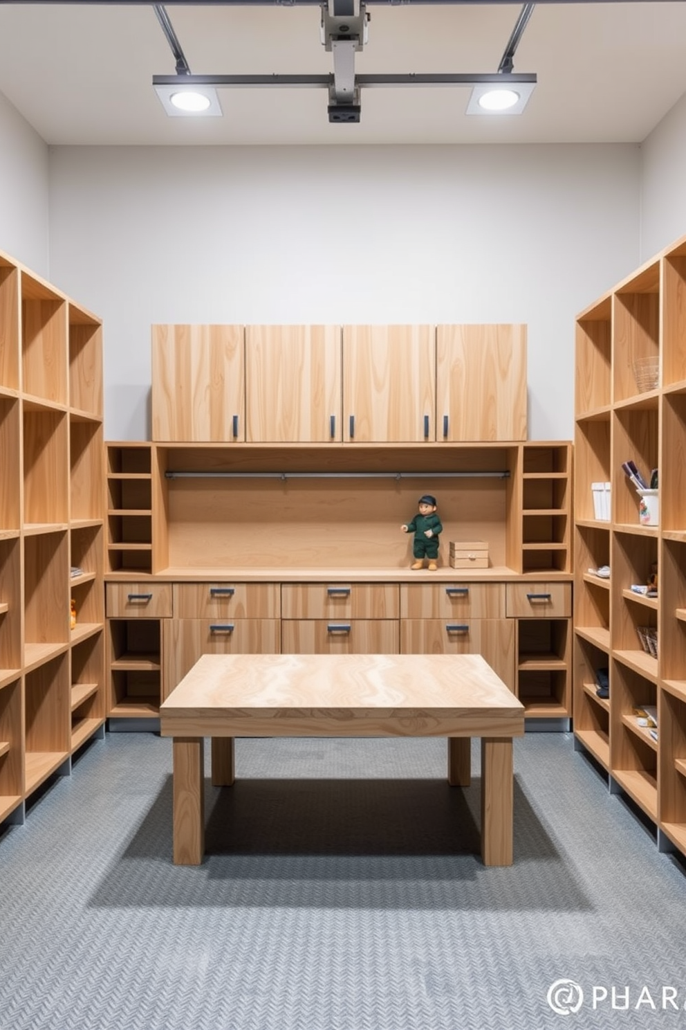 A modern garage pantry featuring plywood accents creates a warm and inviting atmosphere. The walls are lined with sleek shelving units made from natural wood, providing ample storage for kitchen essentials. Incorporate a large workbench constructed from plywood, offering a functional space for meal prep and organization. Soft lighting fixtures illuminate the area, enhancing the clean lines and contemporary feel of the design.