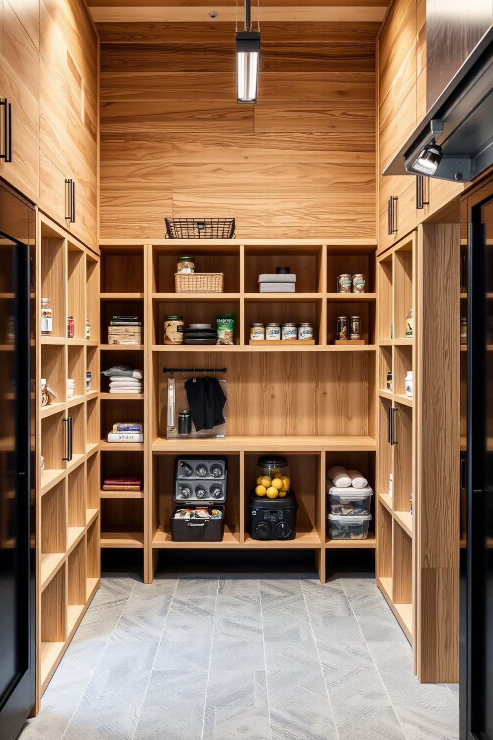 Open cubbies line the walls of a spacious garage pantry, providing easy access to everyday items. The design features a blend of natural wood and metal accents, creating a modern yet functional space.