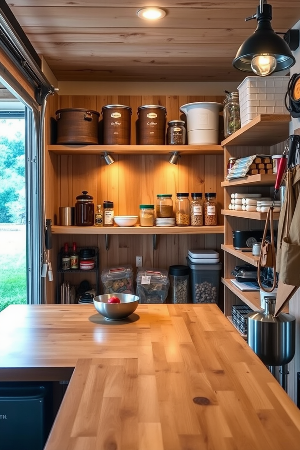 A garage pantry designed with natural wood finishes creates a warm and inviting atmosphere. The shelves are made of reclaimed wood, providing ample storage for various kitchen supplies and pantry items. Soft ambient lighting highlights the wooden textures, enhancing the overall aesthetic. A rustic wooden countertop offers a perfect workspace for meal prep and organization.