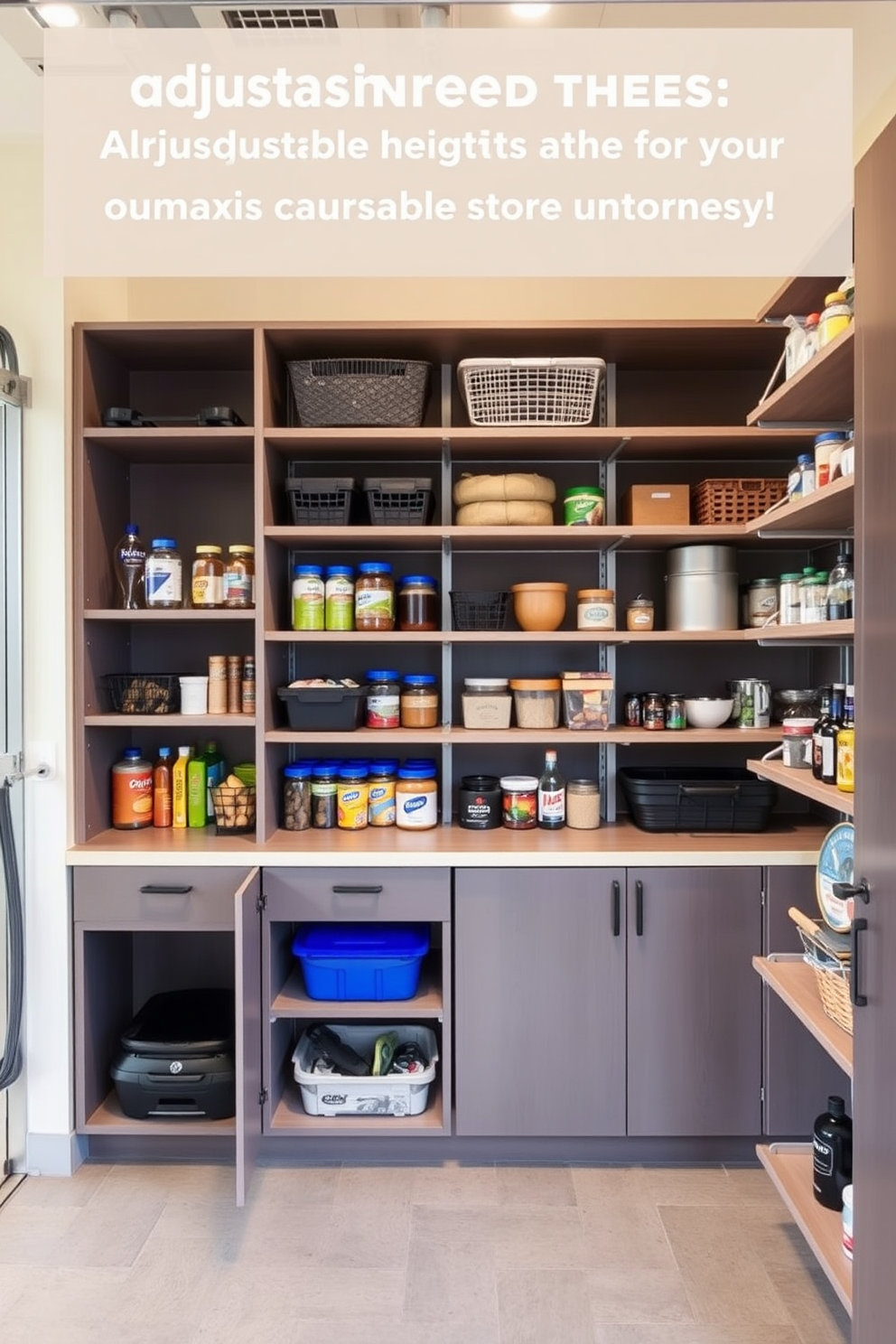 A garage pantry featuring adjustable shelves that allow for customizable heights to maximize storage efficiency. The design includes a combination of open shelving and closed cabinets, providing both visibility and organization for various pantry items.