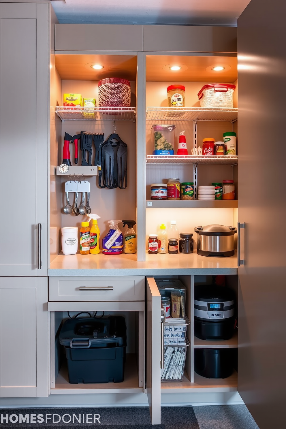 A garage pantry designed with hidden compartments offers a seamless blend of functionality and aesthetics. The cabinetry features custom-built shelves that slide out to reveal storage spaces for tools, cleaning supplies, and pantry essentials. The design incorporates a sleek countertop that serves as a workspace while concealing additional compartments underneath. Soft lighting highlights the organized shelves, making it easy to find items while maintaining a clean and uncluttered look.