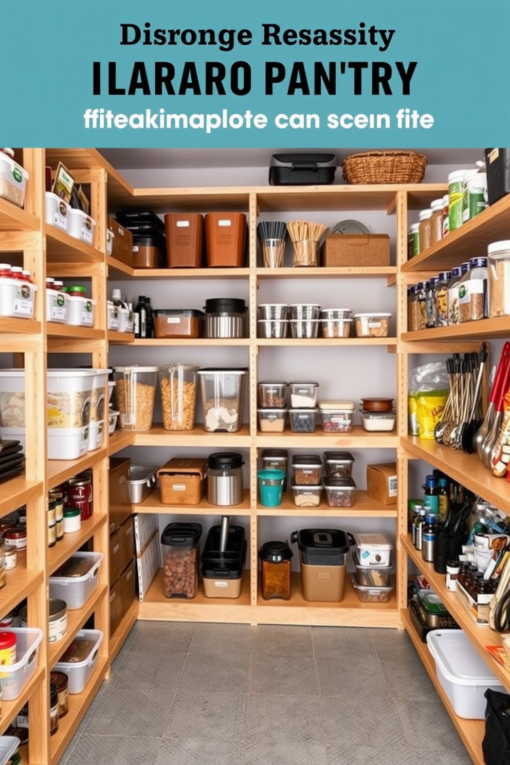 A spacious garage pantry with floor-to-ceiling shelving designed for maximum capacity. The shelves are made of sturdy wood, organized with labeled bins and containers for easy access to ingredients and tools.