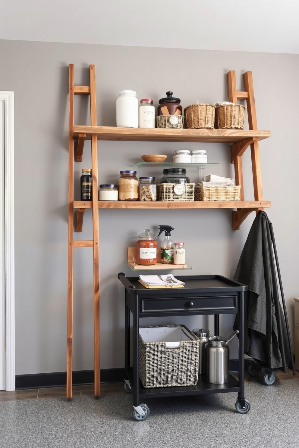 A modern garage pantry featuring ladder-style shelves creates a trendy and functional storage solution. The shelves are made of reclaimed wood, displaying neatly organized jars and baskets for easy access to pantry essentials. The walls are painted in a soft gray hue, enhancing the contemporary feel of the space. A stylish rolling cart sits beneath the shelves, providing additional workspace and storage for cooking and baking supplies.