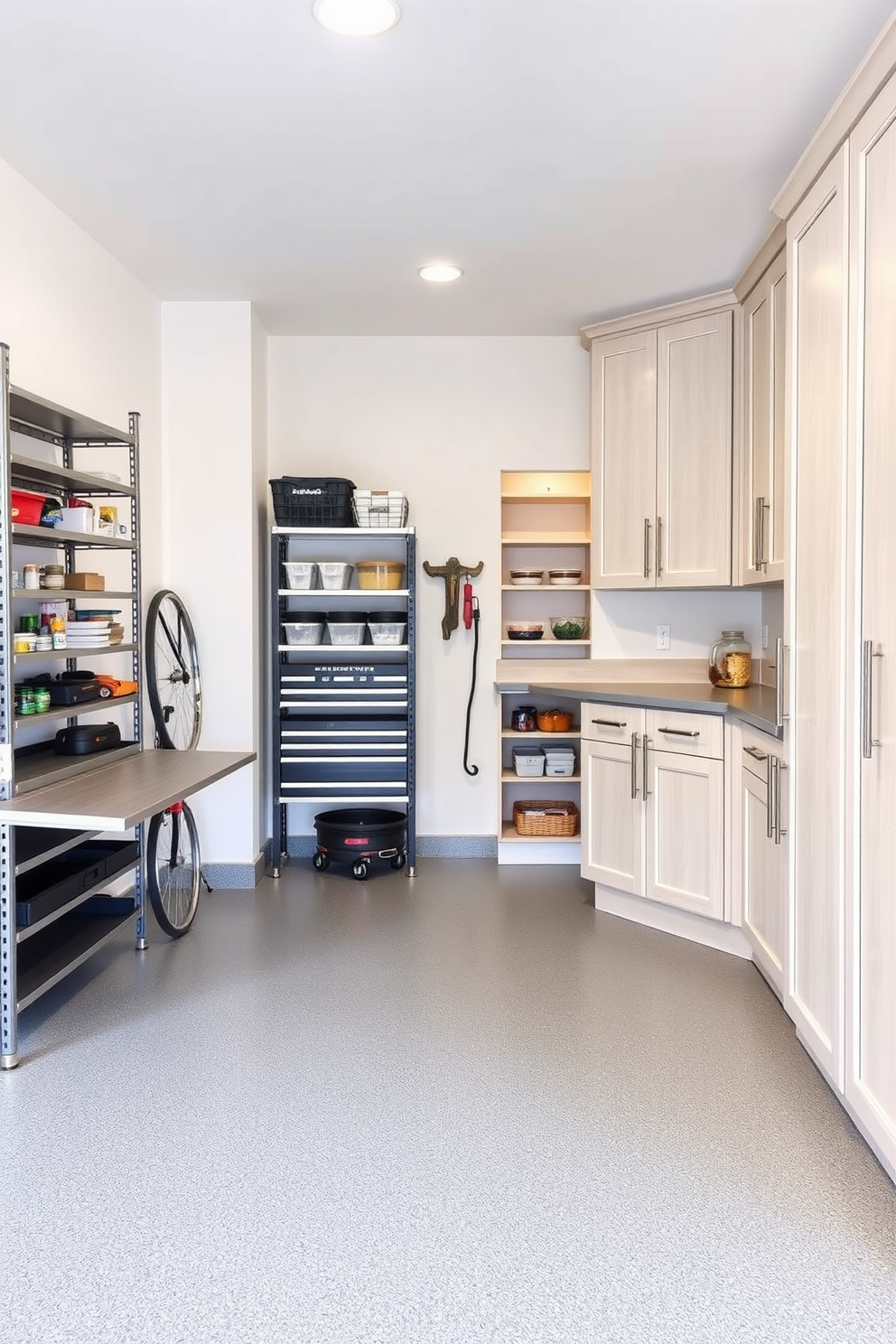 A compact garage design features built-in shelving along one wall for efficient storage. The floor is coated with a durable epoxy finish, and a foldable workbench is mounted to save space. The garage pantry design includes floor-to-ceiling cabinets with pull-out shelves for easy access. A small countertop area is incorporated for meal prep, and the walls are painted in a light, airy color for a bright feel.