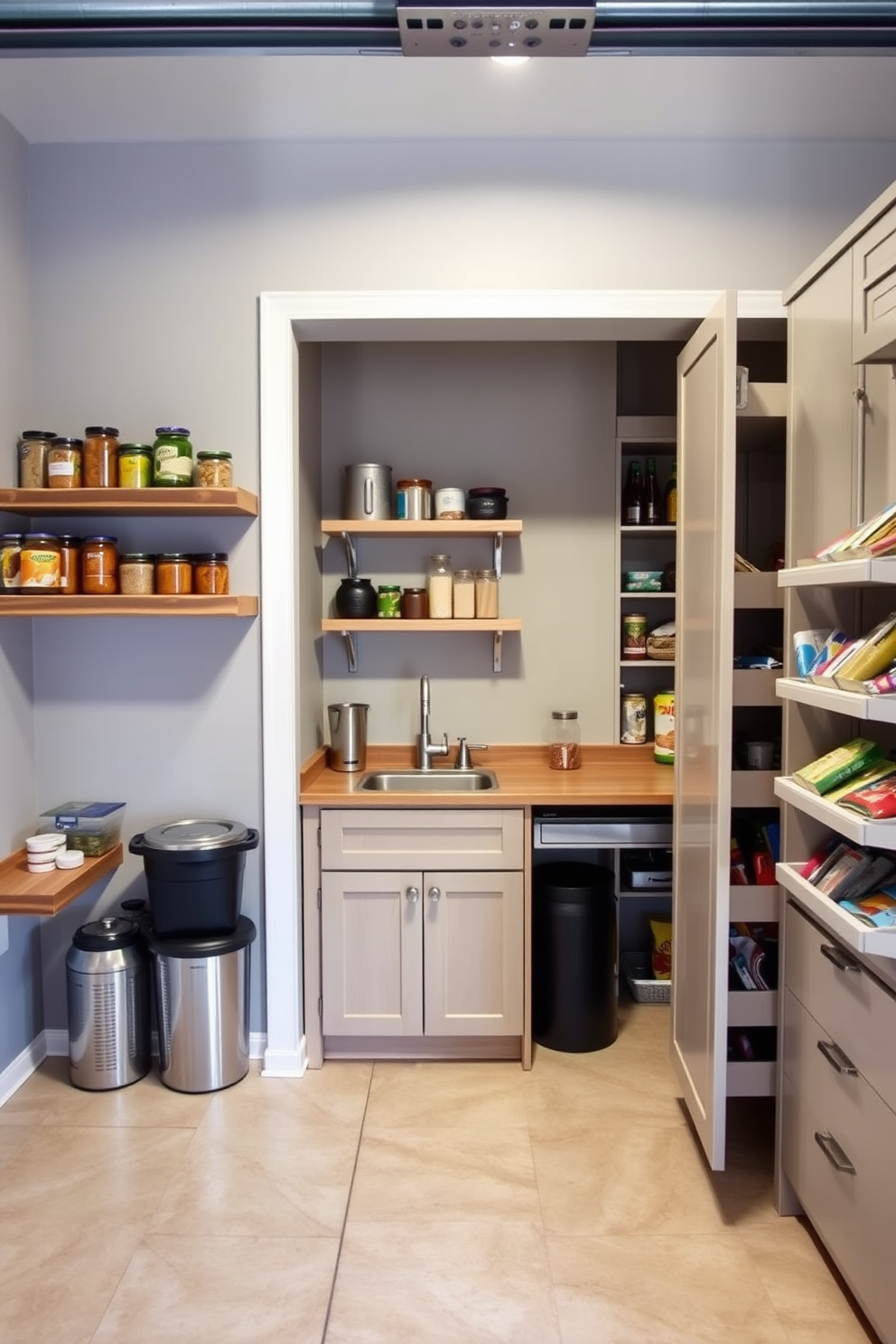 A spacious garage pantry designed for functionality and style. The walls are painted in a soft gray, providing a neutral backdrop for the storage solutions. On the left side, there are custom-built shelves made of reclaimed wood, holding jars of dry goods and canned items. A compact countertop with a built-in sink is situated in the center, ideal for meal prep and clean-up. To the right, a tall pantry cabinet features pull-out drawers for easy access to snacks and cooking essentials. The floor is tiled with durable ceramic tiles in a light beige, ensuring easy maintenance and a clean look.