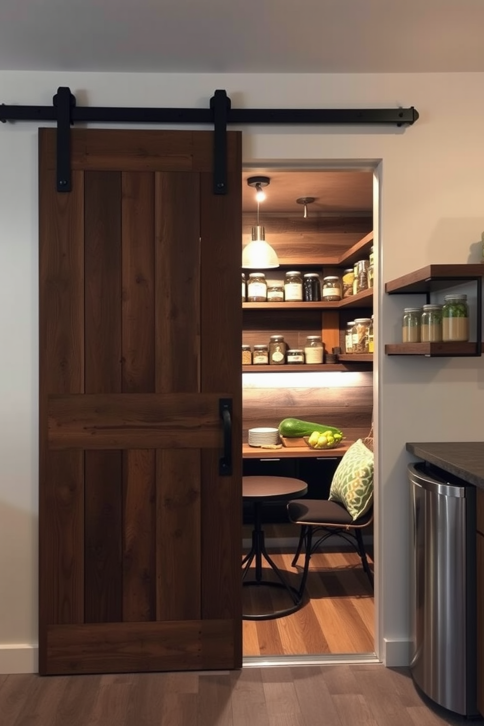 A sliding barn door adds rustic charm to a garage pantry, creating a warm and inviting entrance. The interior features open shelving made of reclaimed wood, showcasing jars of dry goods and fresh produce. Soft, ambient lighting illuminates the space, highlighting the natural textures of the wood and the sleek metal accents. A cozy seating area with a small table offers a perfect spot for quick meals or coffee breaks.