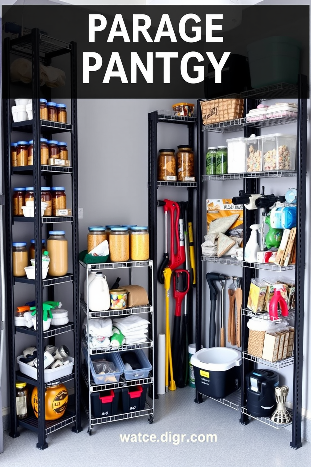 A functional garage pantry featuring vertical storage racks that optimize space. The racks are made of sturdy metal and arranged in a way that allows easy access to items, with labeled bins for organization. The walls are painted in a light gray color to enhance brightness, and the floor is finished with durable vinyl for easy cleaning. Shelves are filled with jars of dry goods, cleaning supplies, and tools, creating a tidy and efficient storage solution.