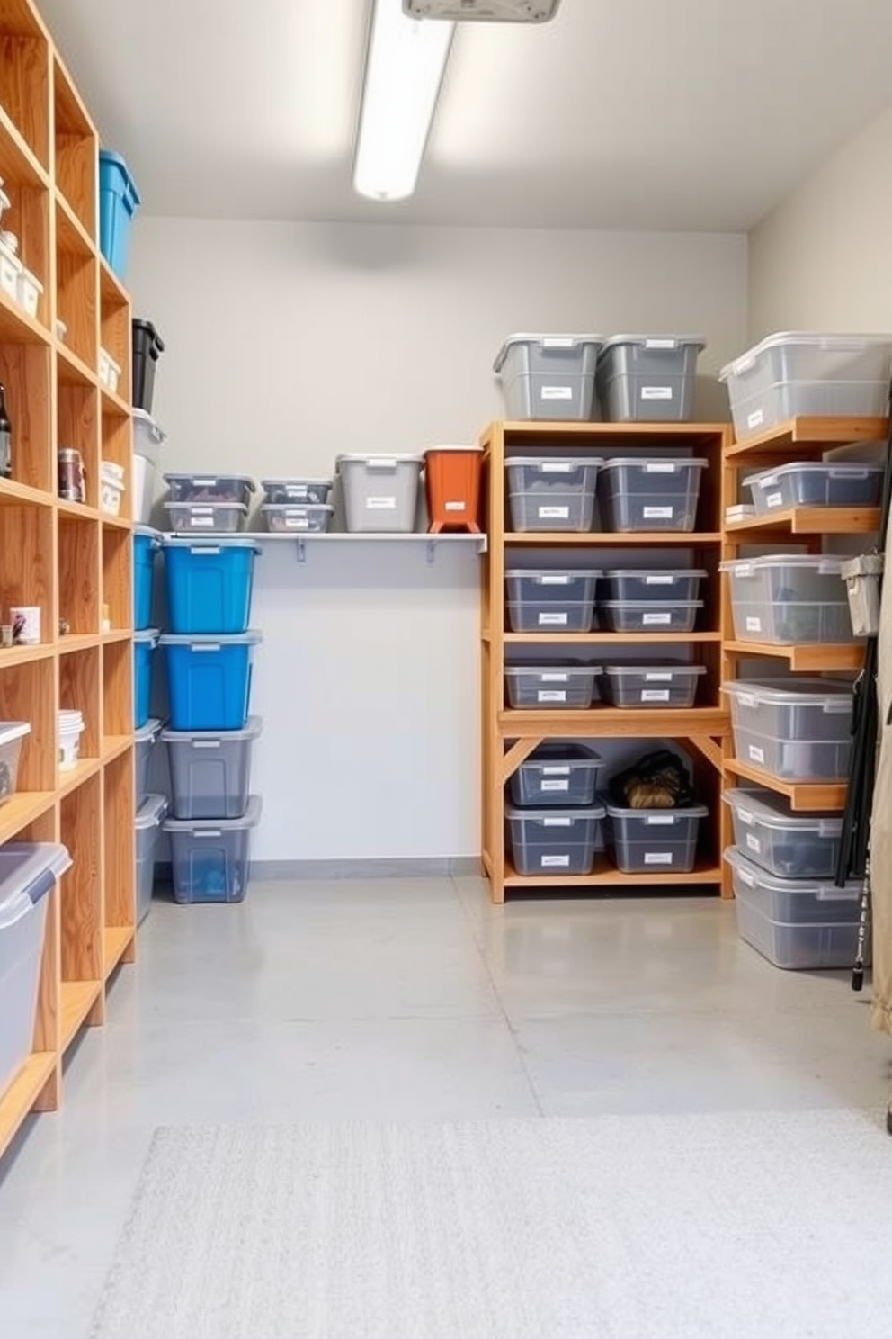 A modern garage pantry featuring stackable containers in various sizes for efficient organization. The walls are painted a light gray, and the floor is finished with durable vinyl tiles for easy cleaning. Shelving units made of sturdy wood hold the containers, labeled for quick access to items. A small workbench is positioned in one corner, complemented by overhead lighting for a bright and functional space.