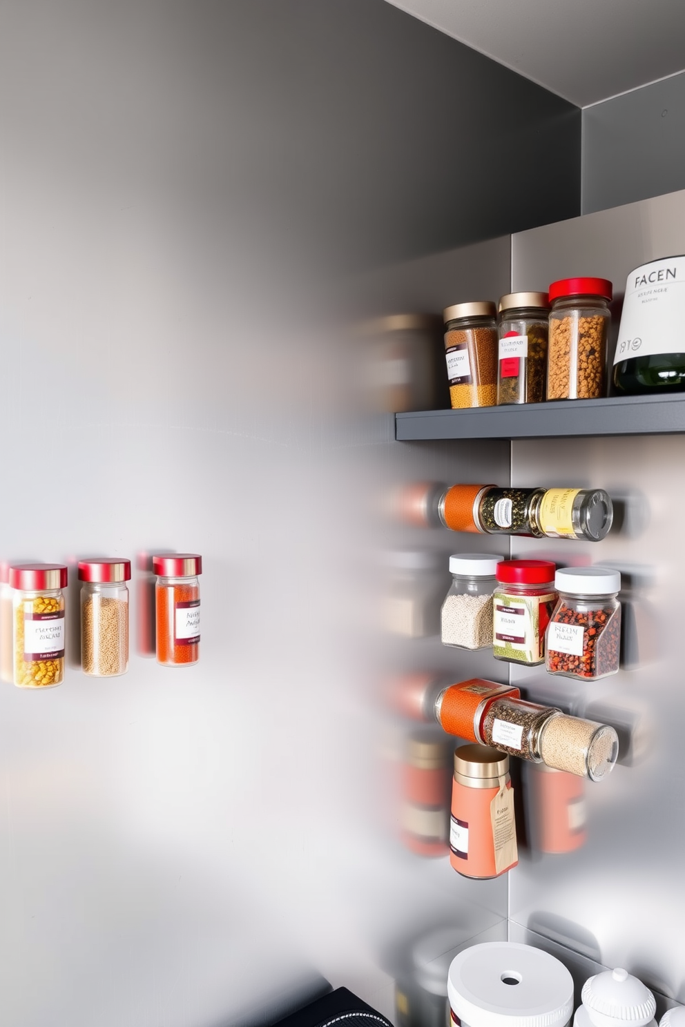 A contemporary garage pantry featuring magnetic spice jars attached to a sleek metal sheet. The space is organized and functional, with a minimalist aesthetic that highlights the jars' colorful contents against the metallic backdrop.