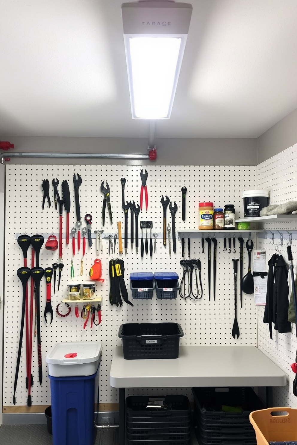 A garage pantry featuring wall-mounted pegboards for versatile tool organization. The pegboards are painted in a bright white color, providing a clean and functional backdrop for various hooks and shelves. Incorporate labeled containers and baskets for easy access to pantry staples. The space is well-lit with overhead LED lights, enhancing visibility and creating an inviting atmosphere.