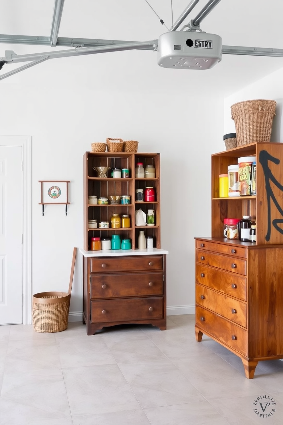 A garage pantry with repurposed furniture creates a unique and functional storage solution. Vintage wooden crates are stacked to form shelves, while an old dresser serves as a base for additional countertop space. The walls are painted in a soft white to enhance brightness, and the floor features durable, easy-to-clean tiles. Colorful jars and baskets are used to organize dry goods, adding a touch of personality to the space.