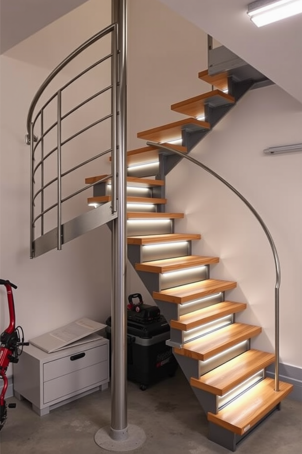 A modern spiral staircase designed for compact spaces featuring sleek metal railings and wooden treads. The staircase is illuminated by soft LED lighting integrated into the steps, creating an inviting atmosphere. A functional garage staircase with a minimalist aesthetic using durable materials such as concrete and steel. The design incorporates storage solutions beneath the staircase to maximize space efficiency while maintaining a clean look.