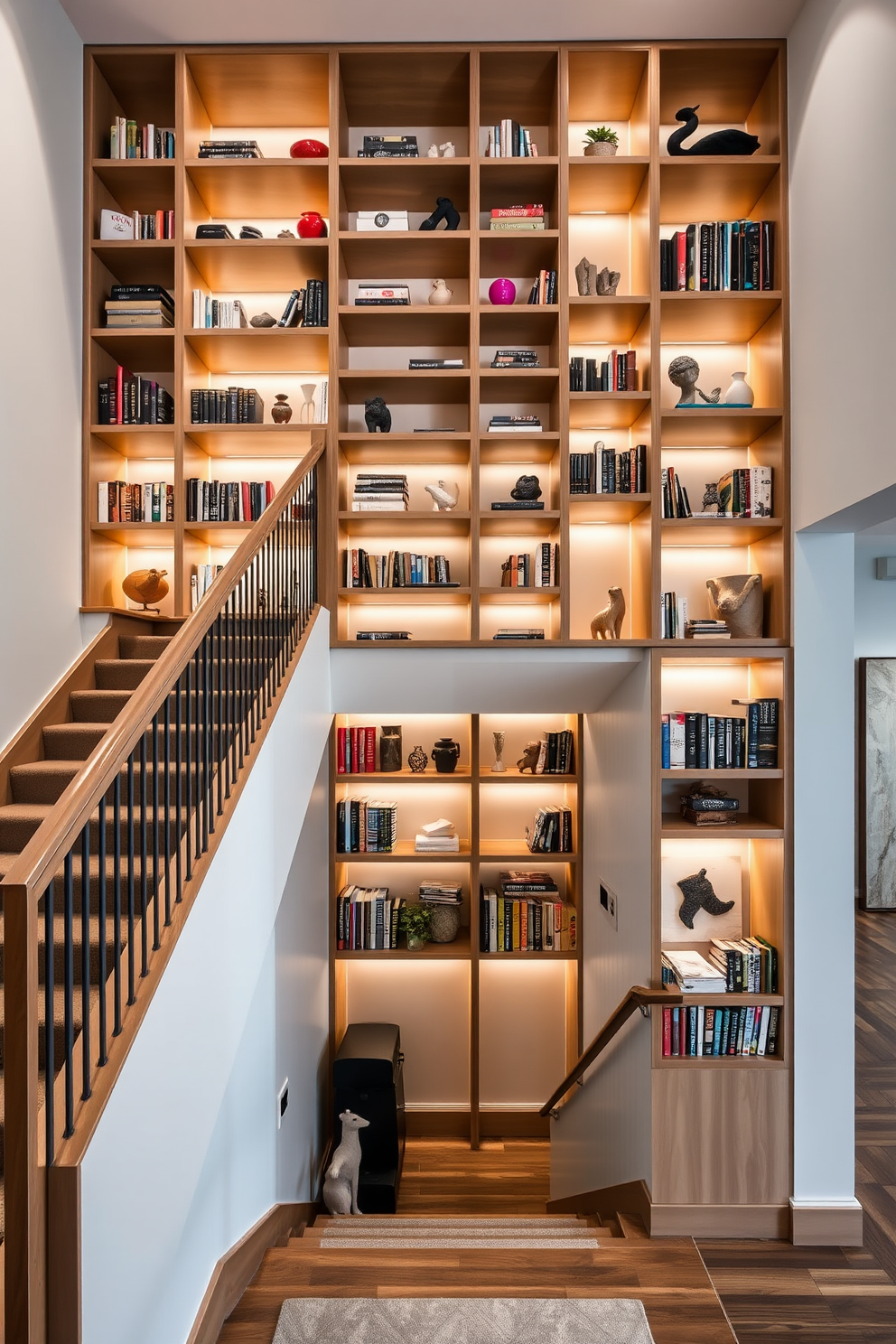 A grand staircase with built-in shelving units seamlessly integrated into the wall. The shelves are filled with books and decorative items, creating a cozy and inviting atmosphere. The staircase features a sleek wooden handrail and runner, adding warmth to the modern design. Soft lighting highlights the shelves, enhancing the overall elegance of the space.