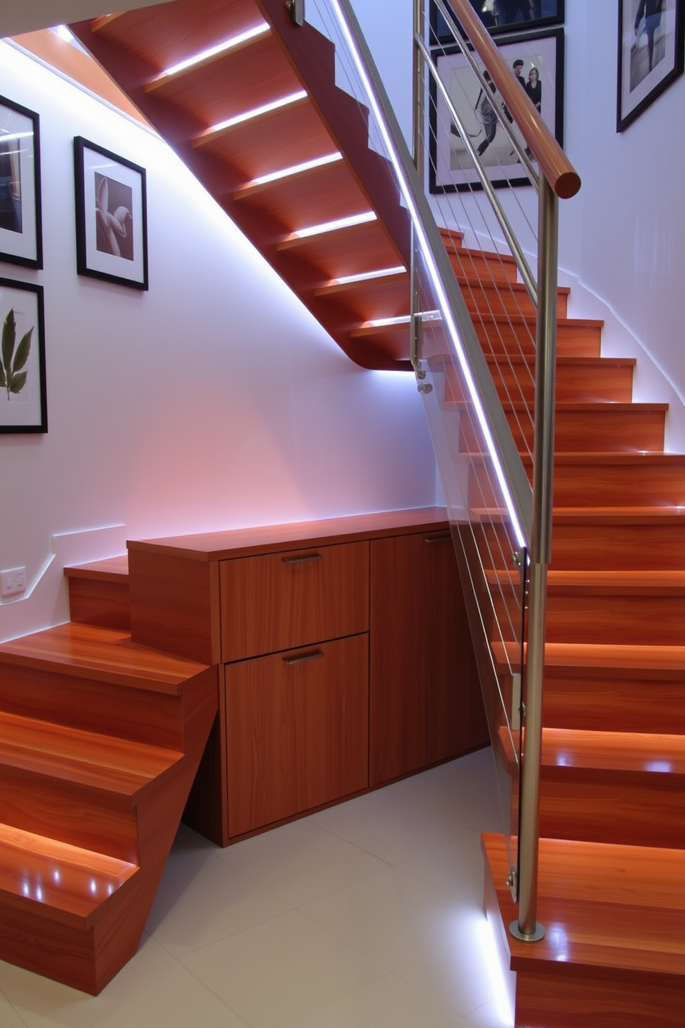 A modern staircase design featuring integrated LED lighting along the handrail and steps. The staircase is crafted from polished wood with a sleek metal frame, creating a striking visual contrast. The walls adjacent to the staircase are adorned with framed artwork, enhancing the aesthetic appeal. Below the staircase, a minimalist storage area is designed to keep the space organized and functional.