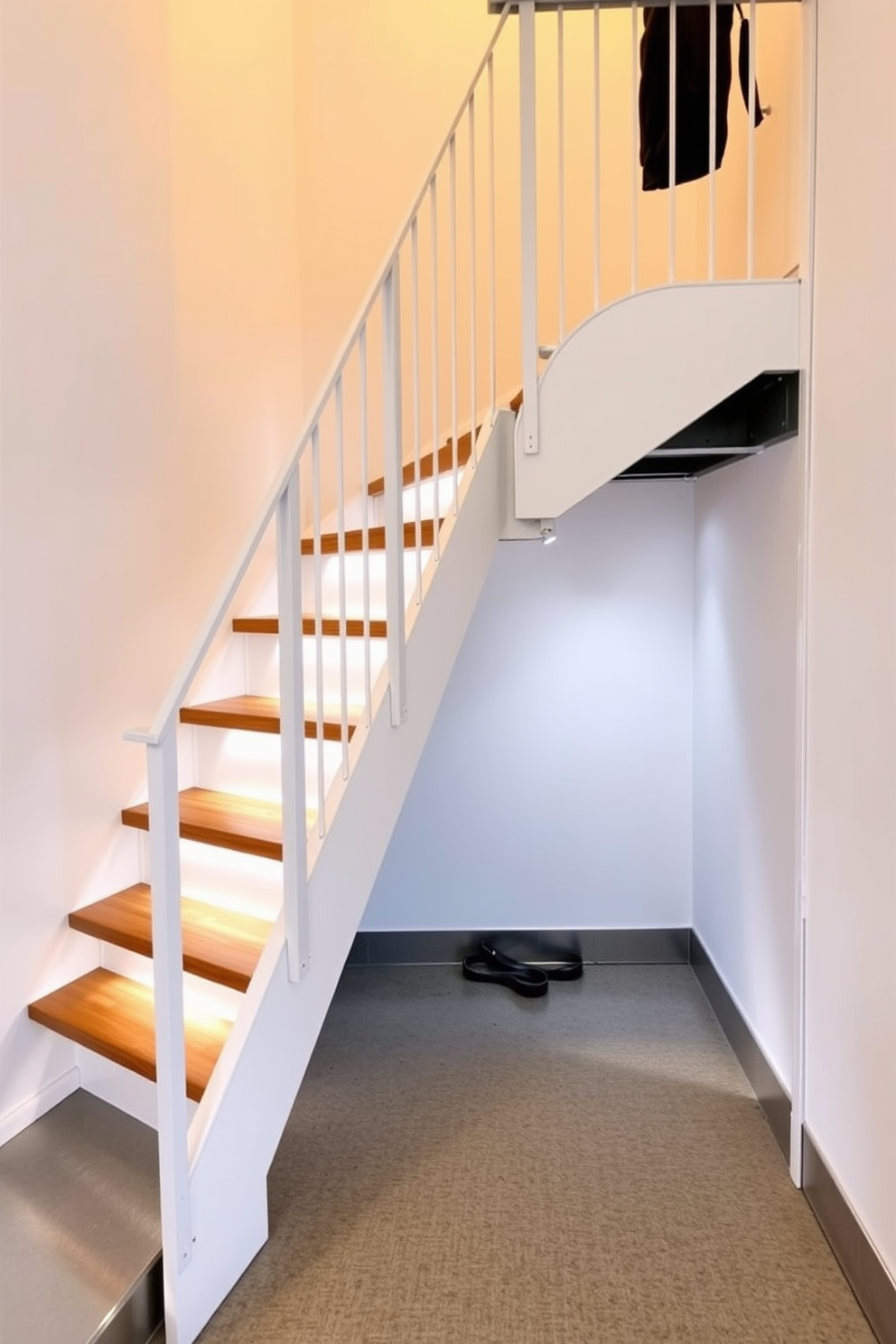 A compact straight staircase designed for tight areas features sleek wooden steps with a minimalist railing for safety. The staircase is painted in a soft white color to enhance the sense of space and light, seamlessly integrating into the surrounding decor. The garage staircase design incorporates durable materials such as metal and treated wood to withstand wear and tear. Strategically placed lighting illuminates the steps, ensuring safety while adding a modern touch to the overall aesthetic.