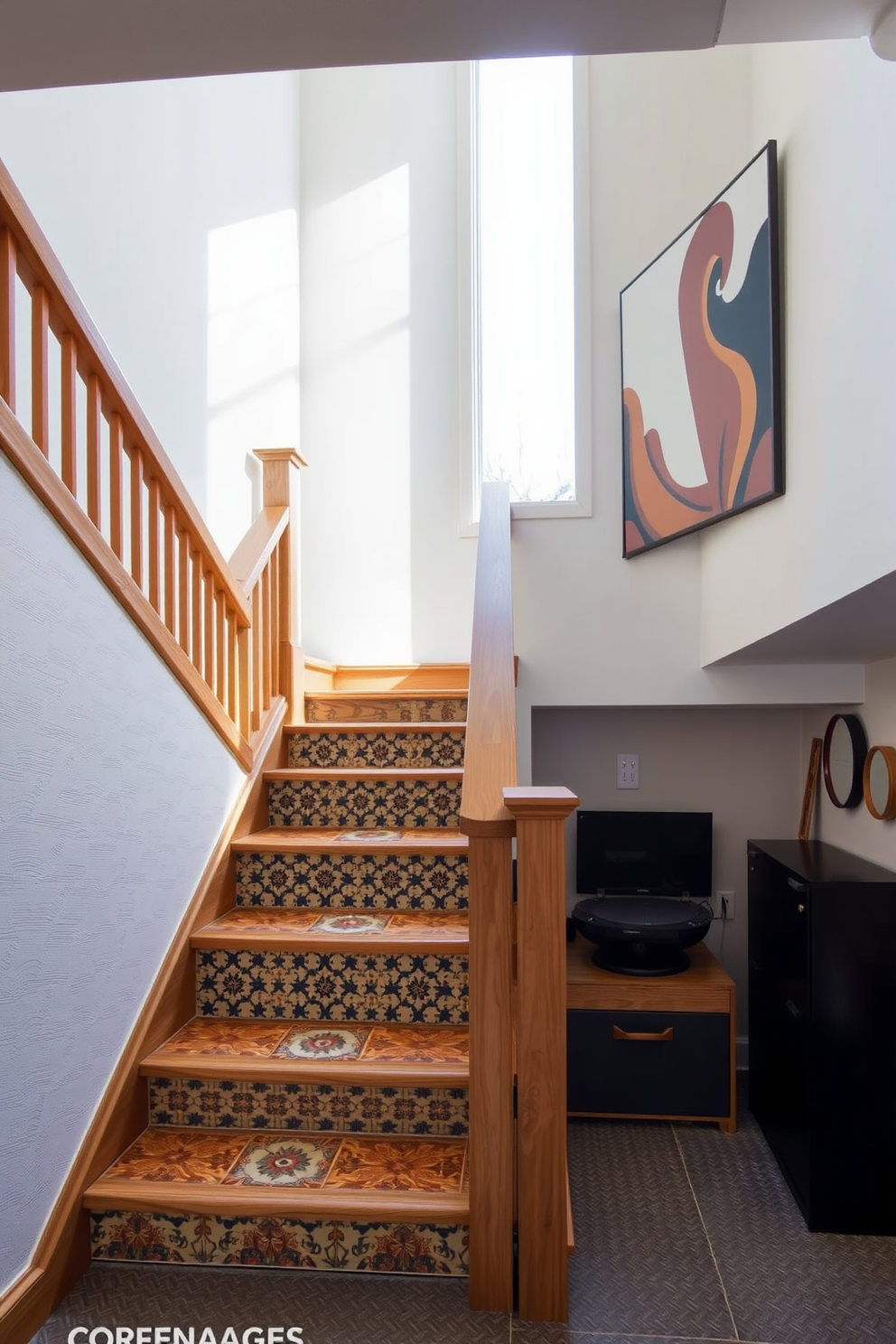 Stairs with decorative tile accents feature a sleek wooden railing that complements the vibrant tile patterns. The staircase is illuminated by natural light streaming through a large window, highlighting the intricate designs on the steps. Garage staircase design ideas incorporate functional storage solutions beneath the stairs, maximizing space efficiency. The walls are adorned with modern art, creating an inviting atmosphere that balances practicality with aesthetic appeal.