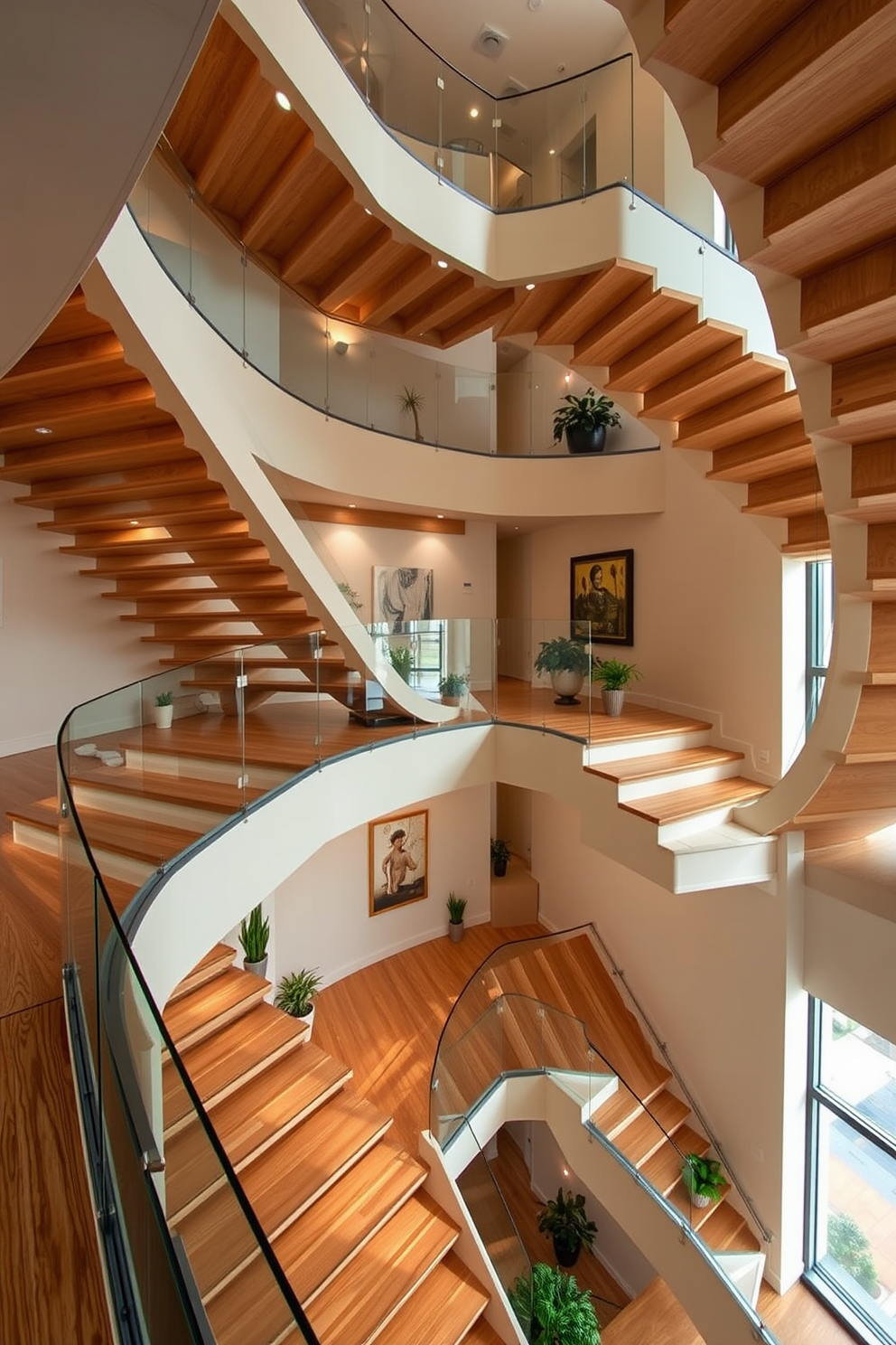 A striking multi-level staircase design that features a combination of open risers and wooden treads. The staircase is flanked by a glass railing that allows for an unobstructed view of the surrounding space. The varied heights of the staircase create a dynamic visual interest, with each landing adorned with decorative elements such as potted plants or artwork. Soft, ambient lighting highlights the contours of the staircase, enhancing its architectural beauty.