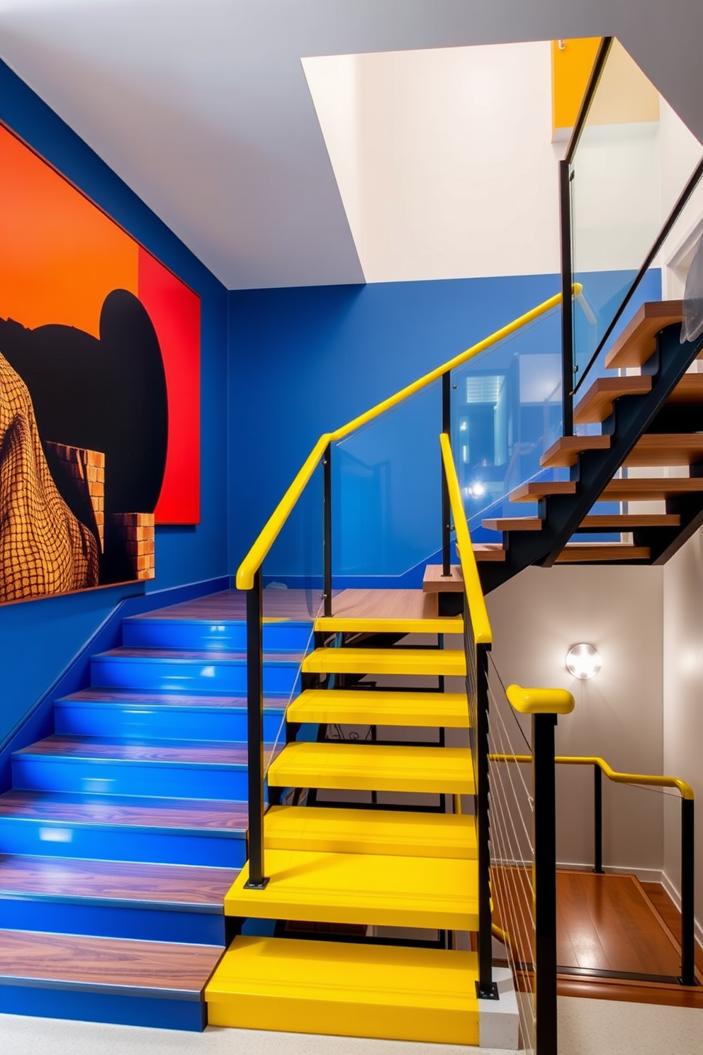 A striking staircase design featuring a bold color scheme. The steps are painted in a vibrant blue, while the handrail is a contrasting bright yellow, creating a dynamic visual impact. The walls alongside the staircase are adorned with large-scale artwork that echoes the color palette. Soft, ambient lighting highlights the staircase, enhancing the overall dramatic effect of the space. Garage staircase ideas include a sleek, modern design with a combination of metal and wood materials. The staircase features open risers and a glass balustrade, allowing natural light to flow through the area while maintaining a contemporary aesthetic.