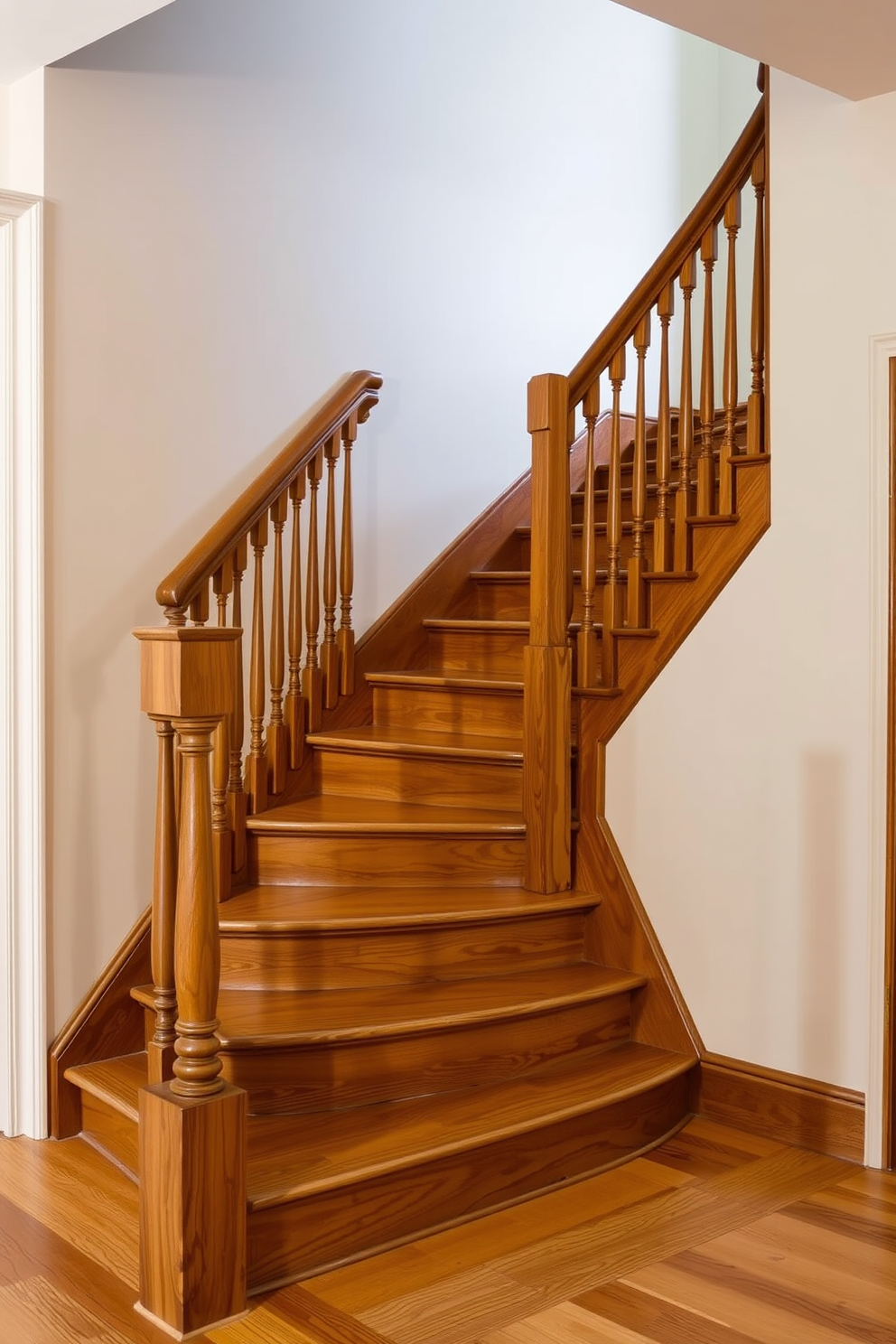 A classic wooden staircase features elegantly crafted balusters that enhance its timeless appeal. The warm wood tones create a welcoming atmosphere, while the intricate details of the balusters add a touch of sophistication. Incorporating soft lighting along the staircase highlights its architectural beauty. This design seamlessly blends functionality with aesthetic charm, making it a stunning focal point in any home.