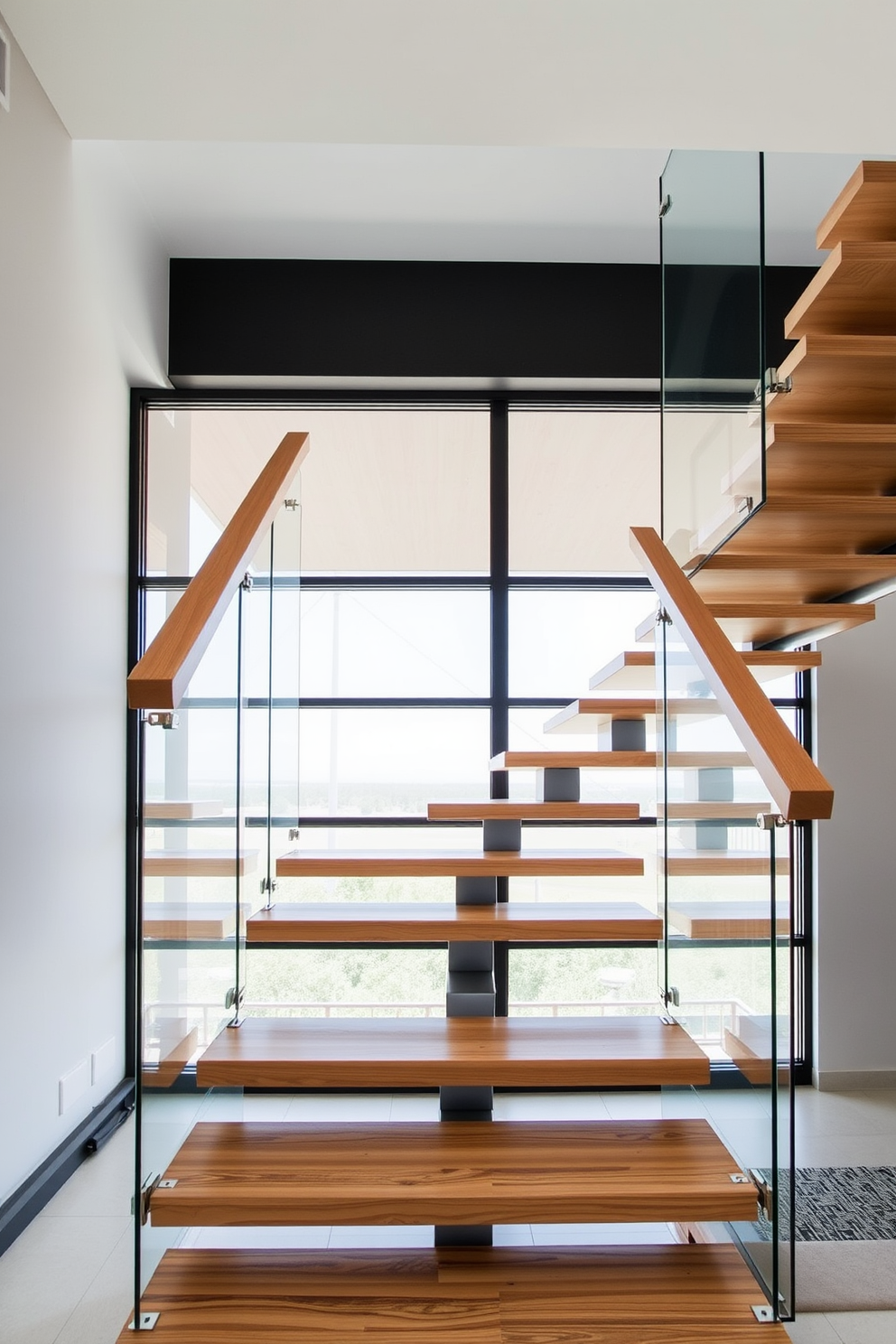 A modern staircase with cantilevered steps creates a stunning visual impact in any space. The steps appear to float, supported only by sleek metal brackets, enhancing the open feel of the area. The staircase features a minimalist design with a polished wooden handrail that complements the contemporary aesthetic. Large glass panels serve as a safety barrier while allowing natural light to flood the space.