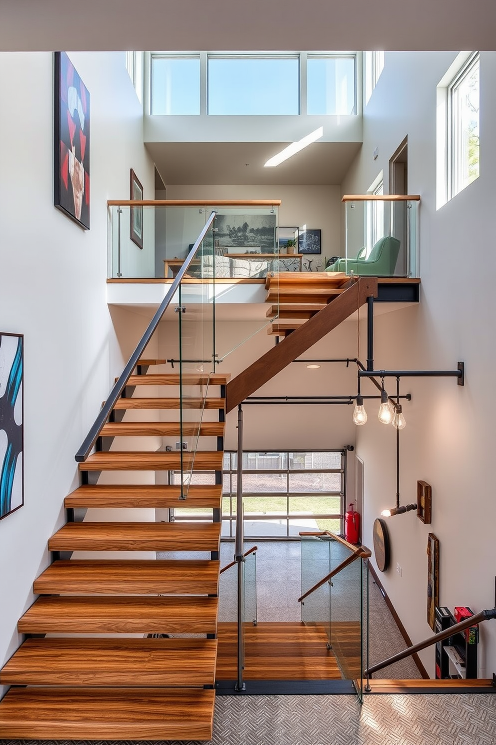 A striking staircase leads to a spacious loft area, featuring sleek wooden steps with a glass railing that enhances the open feel. The walls are adorned with contemporary artwork, and natural light floods the space through large windows above. The garage staircase is designed with practicality in mind, utilizing durable materials that withstand wear and tear. Industrial-style lighting fixtures illuminate the path, creating a functional yet stylish transition between the garage and living spaces.