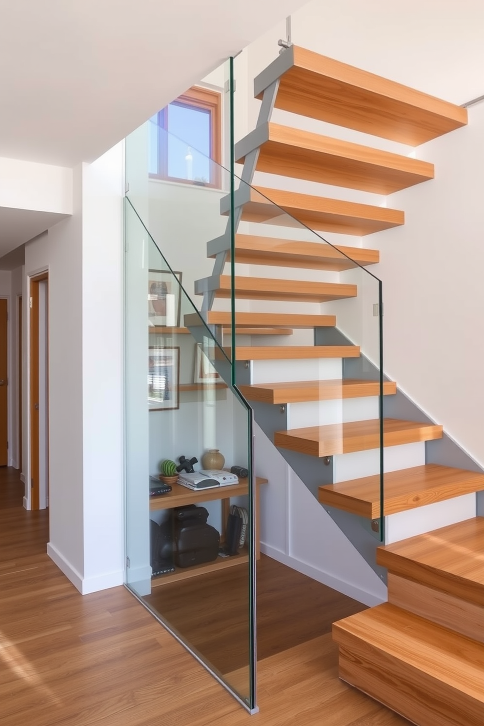 Open staircase design for airy feel. The staircase features wide wooden treads and a glass railing that allows natural light to flow through the space. Garage staircase design ideas. The staircase is constructed with durable materials and includes built-in storage solutions underneath for maximizing space efficiency.