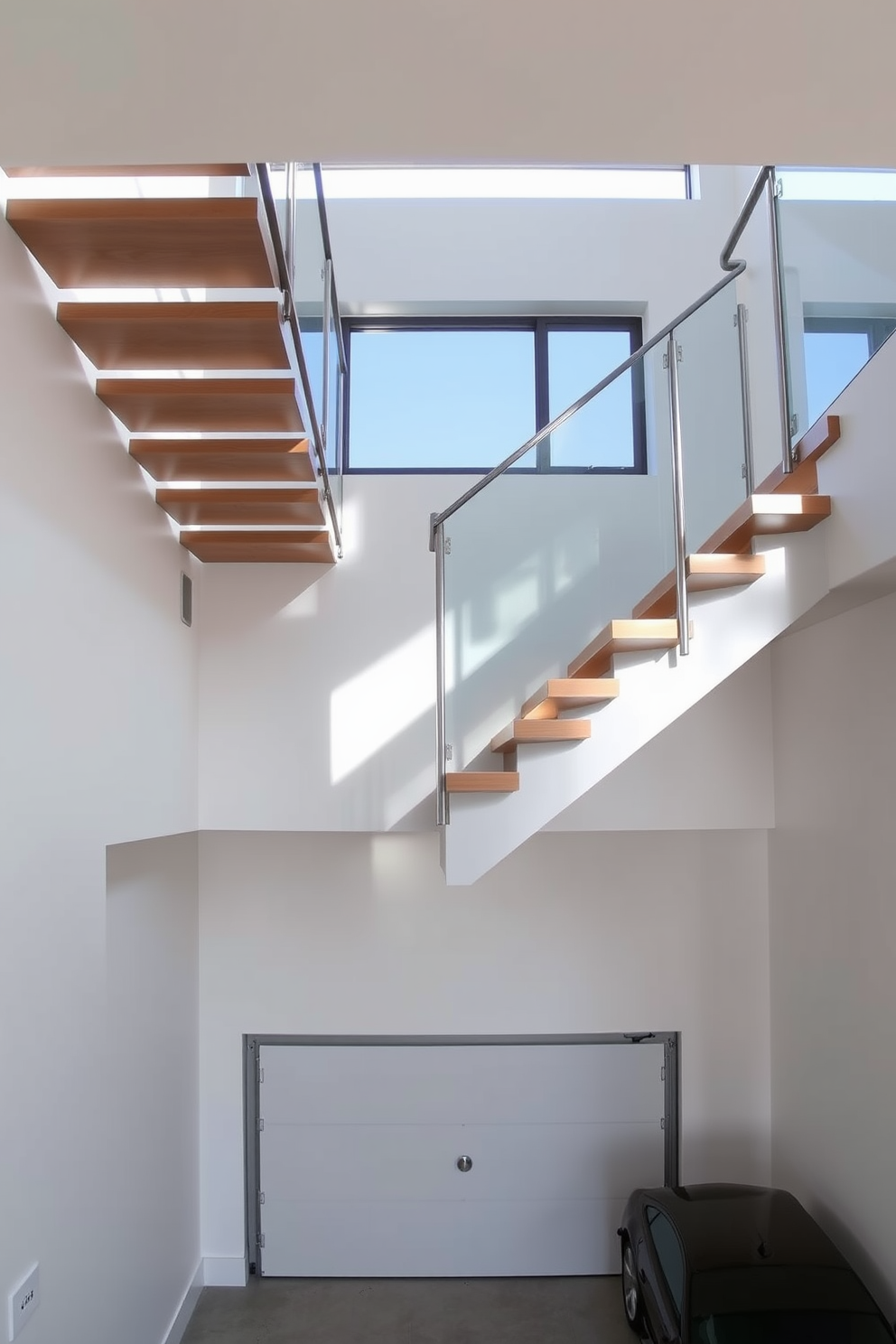 Floating stairs with open risers create a stunning visual impact in any space. The design features sleek wooden treads supported by a minimalist metal frame, allowing light to filter through and enhance the overall ambiance. The staircase is complemented by a glass railing that adds an element of transparency and elegance. Below, the garage area is designed with clean lines and modern finishes, providing a seamless transition between levels.