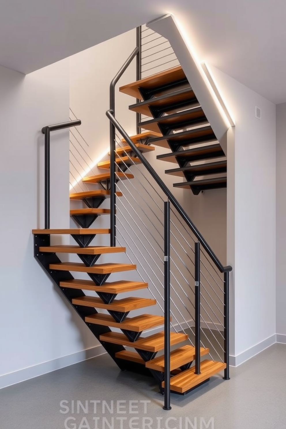 A stunning garage staircase features a unique angular design that creates a modern and dynamic visual appeal. The staircase is crafted from sleek metal with wooden treads, seamlessly blending functionality and style. The walls surrounding the staircase are painted in a soft gray, enhancing the contemporary look. Ambient lighting is installed along the edges, casting a warm glow that highlights the architectural features of the staircase.