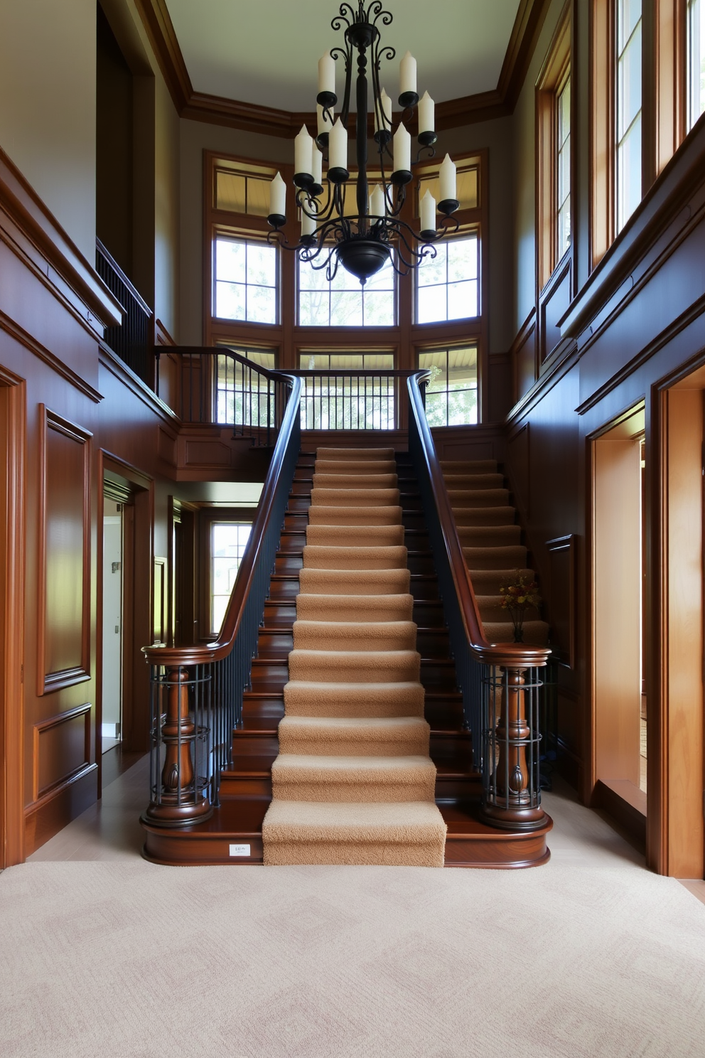 A grand staircase featuring a plush carpet runner that adds warmth and comfort to the space. The walls are adorned with elegant wainscoting, and a beautiful chandelier hangs above, illuminating the staircase. The staircase is flanked by stylish railings that complement the overall design. Natural light floods the area through large windows, highlighting the rich textures of the carpet and the polished wood of the stairs.