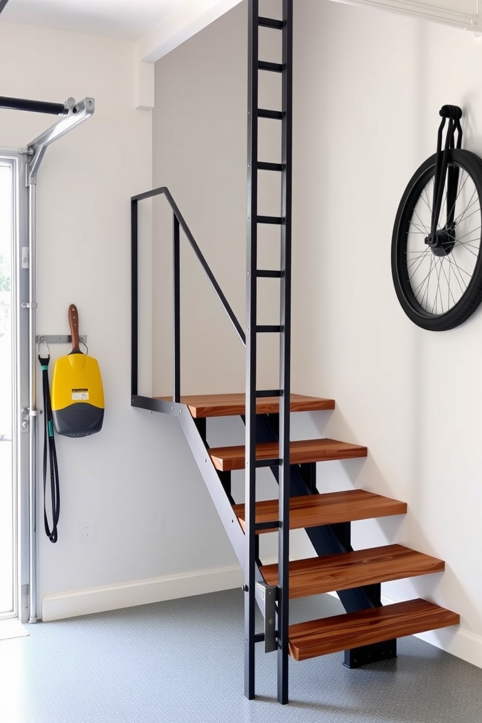 A vertical ladder style for small garages features a sleek and space-saving design that maximizes vertical storage. The ladder is made of lightweight metal with a matte finish, allowing it to blend seamlessly with the garage's overall aesthetic. Garage staircase design ideas include a minimalist floating staircase that enhances the sense of space while providing easy access to upper storage areas. The steps are crafted from reclaimed wood, adding warmth and character to the industrial garage environment.