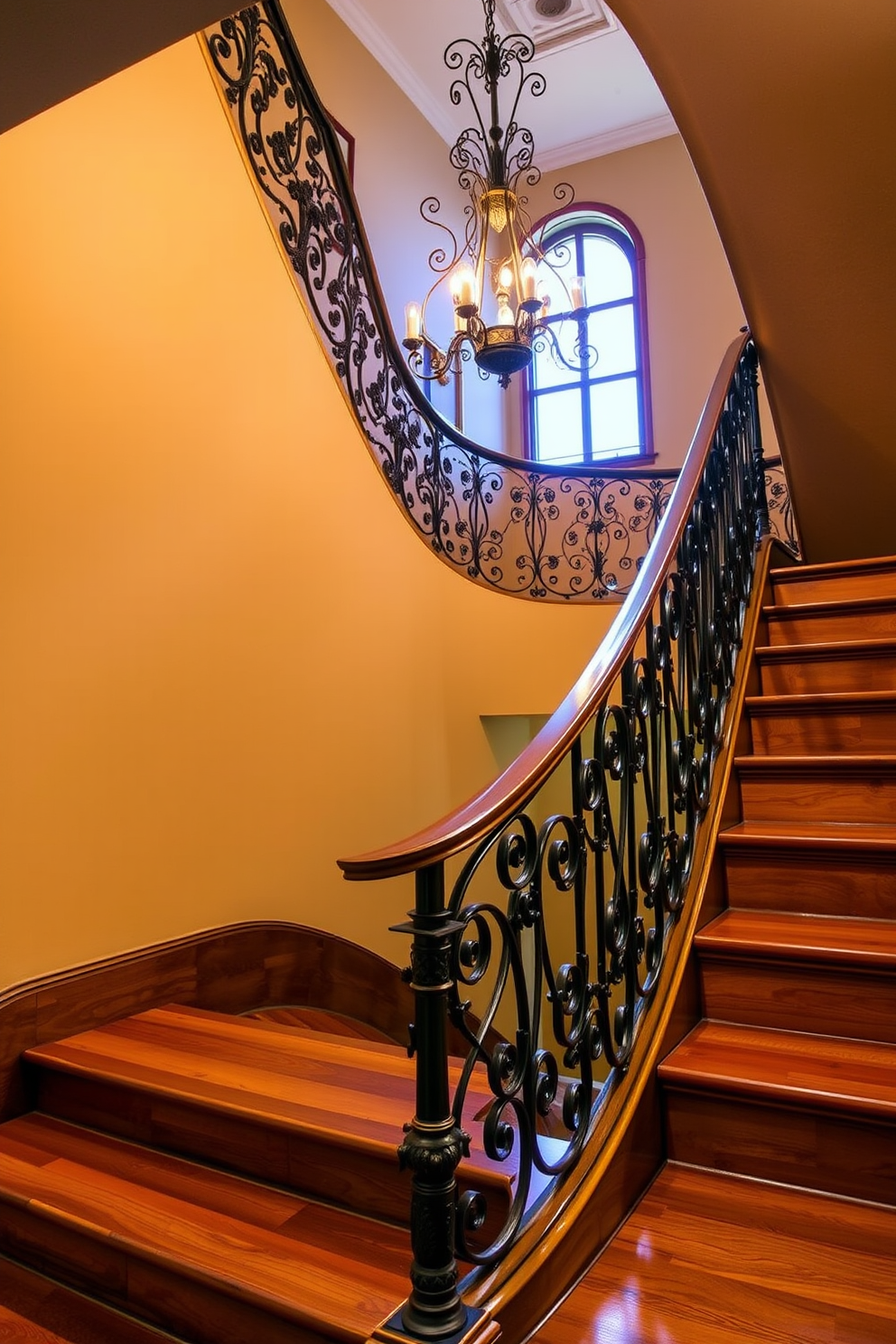 A grand staircase featuring a vintage wrought iron railing that elegantly curves along the side. The steps are made of rich hardwood, showcasing intricate details that complement the ornate design of the railing. The staircase is illuminated by a beautiful chandelier hanging from the ceiling above. Soft, warm lighting highlights the craftsmanship of the ironwork and creates an inviting atmosphere.