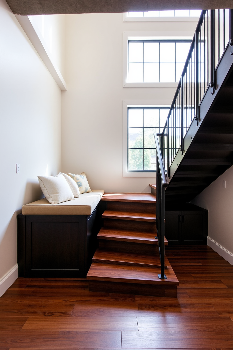 A stunning staircase featuring a built-in bench seat that seamlessly integrates with the surrounding architecture. The bench is upholstered in a soft fabric, providing both comfort and style, while the staircase showcases elegant wooden steps and a sleek metal railing. The garage staircase is designed with functionality in mind, incorporating storage solutions beneath the steps. Natural light floods the space through a large window, highlighting the clean lines and modern finishes of the staircase design.