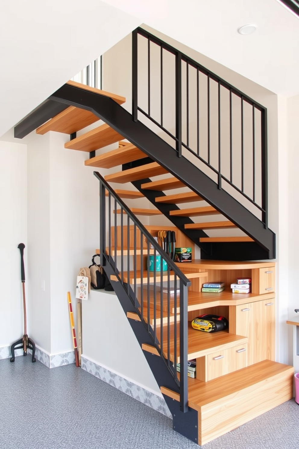 A striking geometric staircase design features bold angles and clean lines that create a modern focal point in the space. The staircase is crafted from a mix of wood and metal, with open risers that enhance the sense of light and airiness. Incorporating innovative storage solutions, the garage staircase includes built-in shelving that seamlessly blends with the overall design. The color palette consists of neutral tones with pops of color from decorative elements, adding visual interest and functionality.