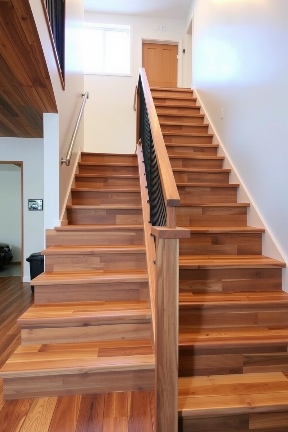 A stunning staircase made from reclaimed wood, showcasing its natural grain and texture. The steps are wide and inviting, leading up to a spacious landing with soft, ambient lighting. The staircase features a modern railing design that complements the rustic charm of the wood. Adjacent to the staircase, there is a dedicated space for garage access, seamlessly blending functionality with style.