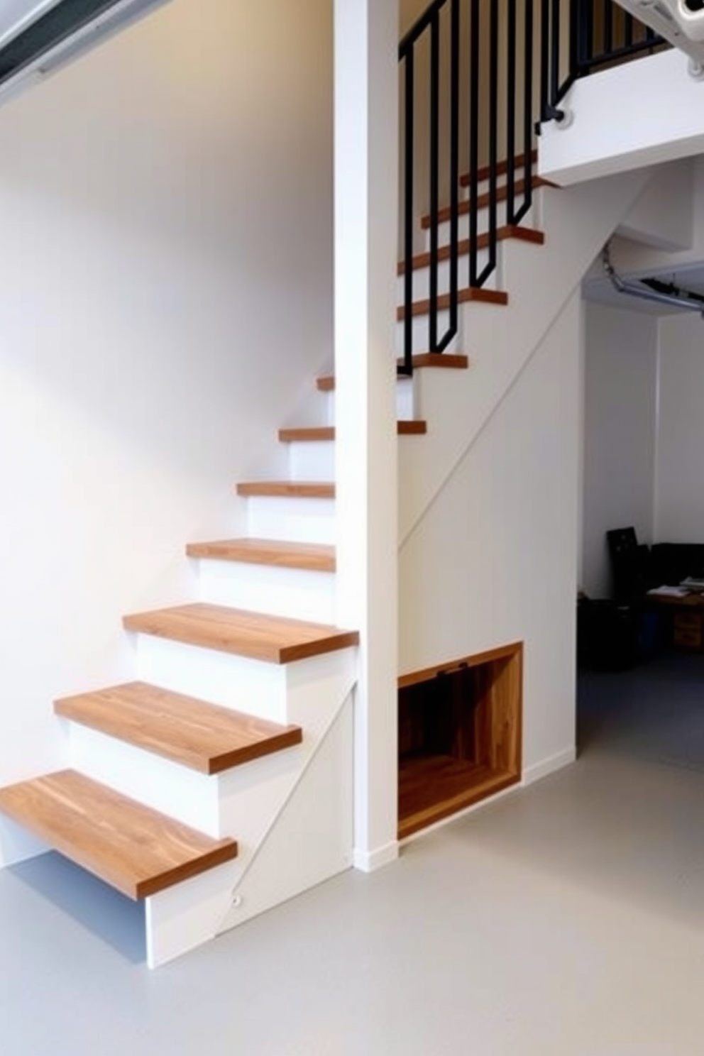 A modern garage staircase featuring sleek wooden steps with a hidden storage compartment integrated beneath. The walls are painted in a crisp white, and the staircase is illuminated by stylish recessed lighting for an inviting ambiance.